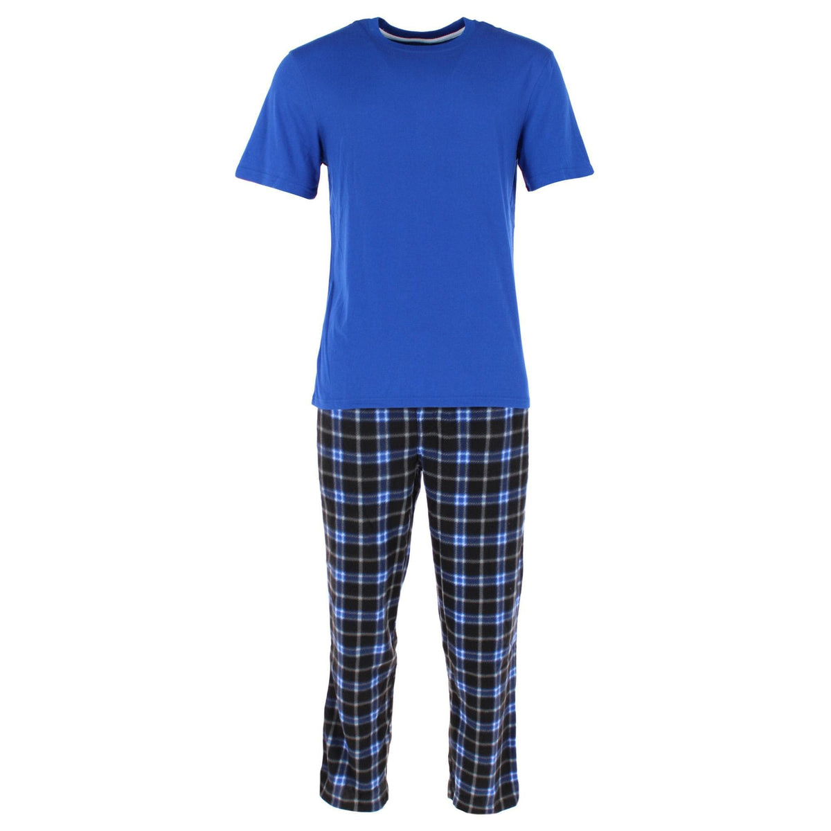 Fruit of the Loom Men's Fleece Plaid Sleep Pant and Tee Set - Blue