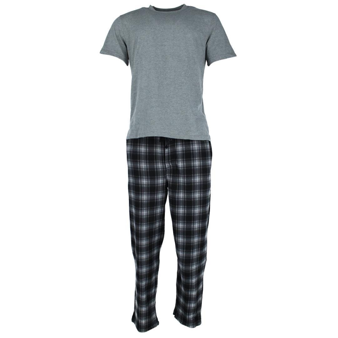 Fruit of the Loom Men's Fleece Plaid Sleep Pant and Tee Set - Grey