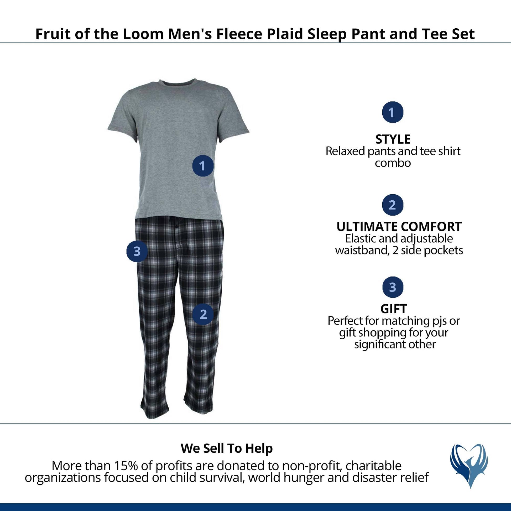 Fruit of the Loom Men's Fleece Plaid Sleep Pant and Tee Set - Grey