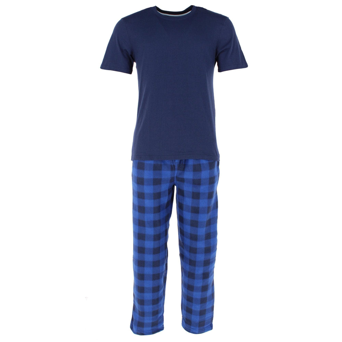 Fruit of the Loom Men's Fleece Plaid Sleep Pant and Tee Set - Navy