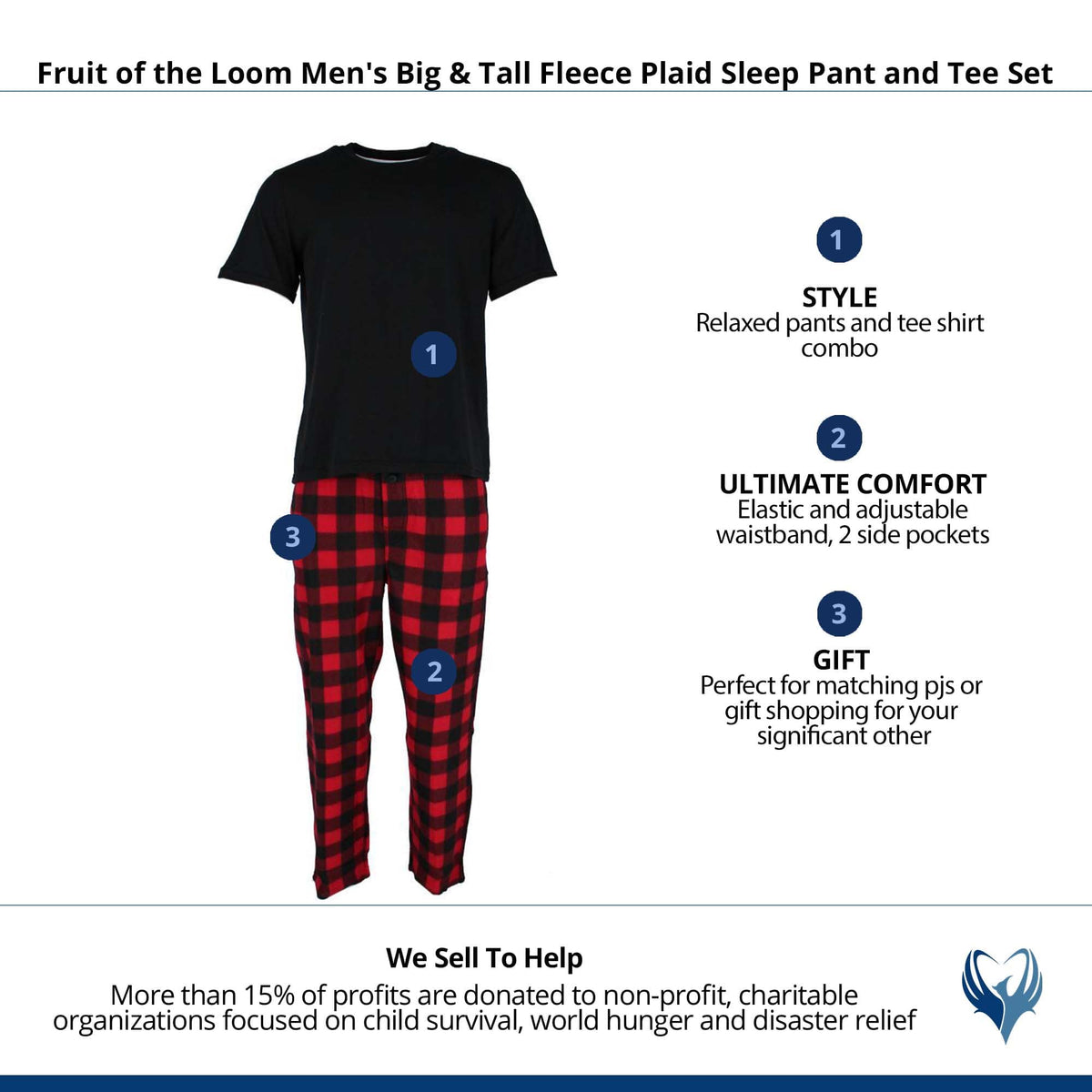 Fruit of the Loom Men's Big & Tall Fleece Plaid Sleep Pant and Tee Set - Black and Red