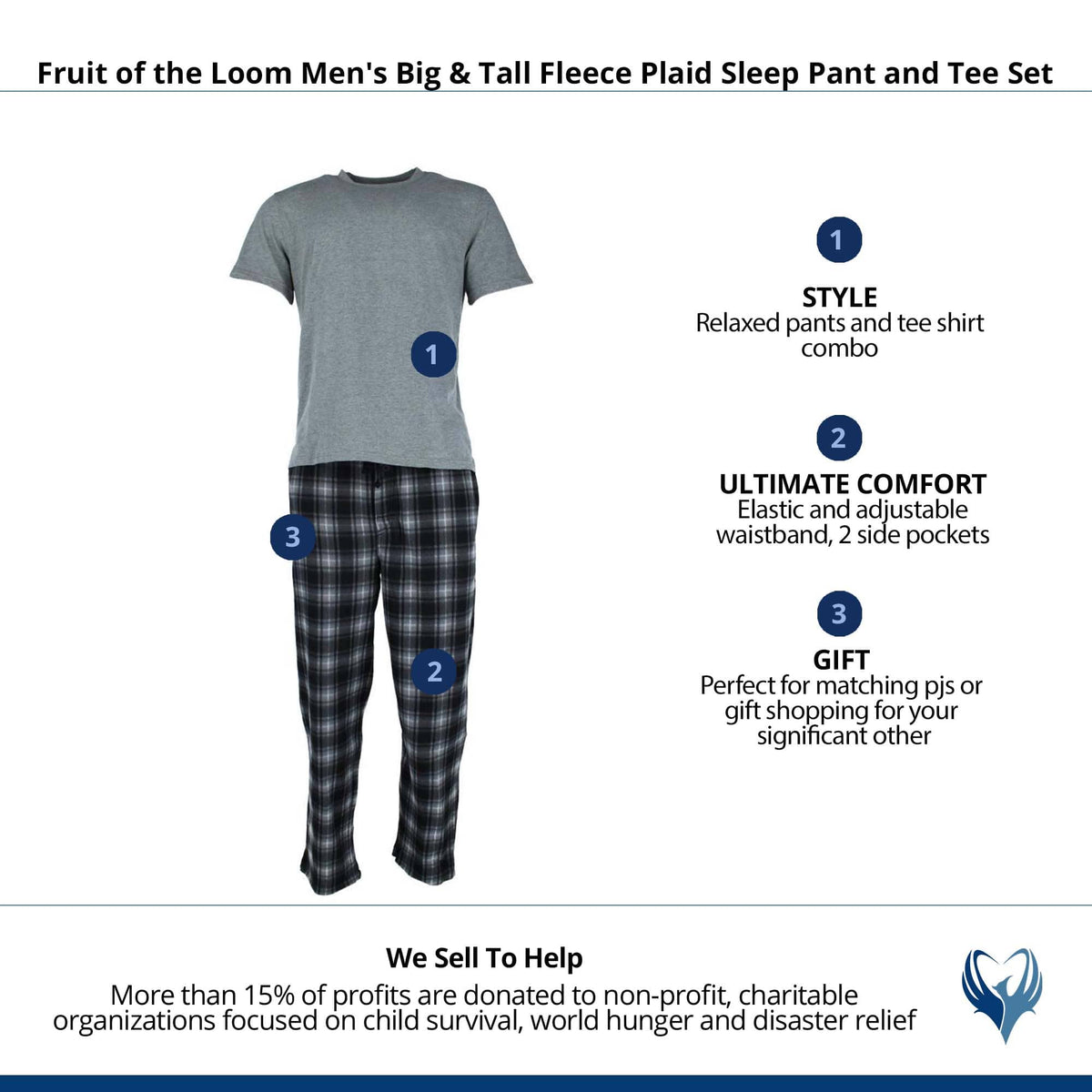 Fruit of the Loom Men's Big & Tall Fleece Plaid Sleep Pant and Tee Set - Grey