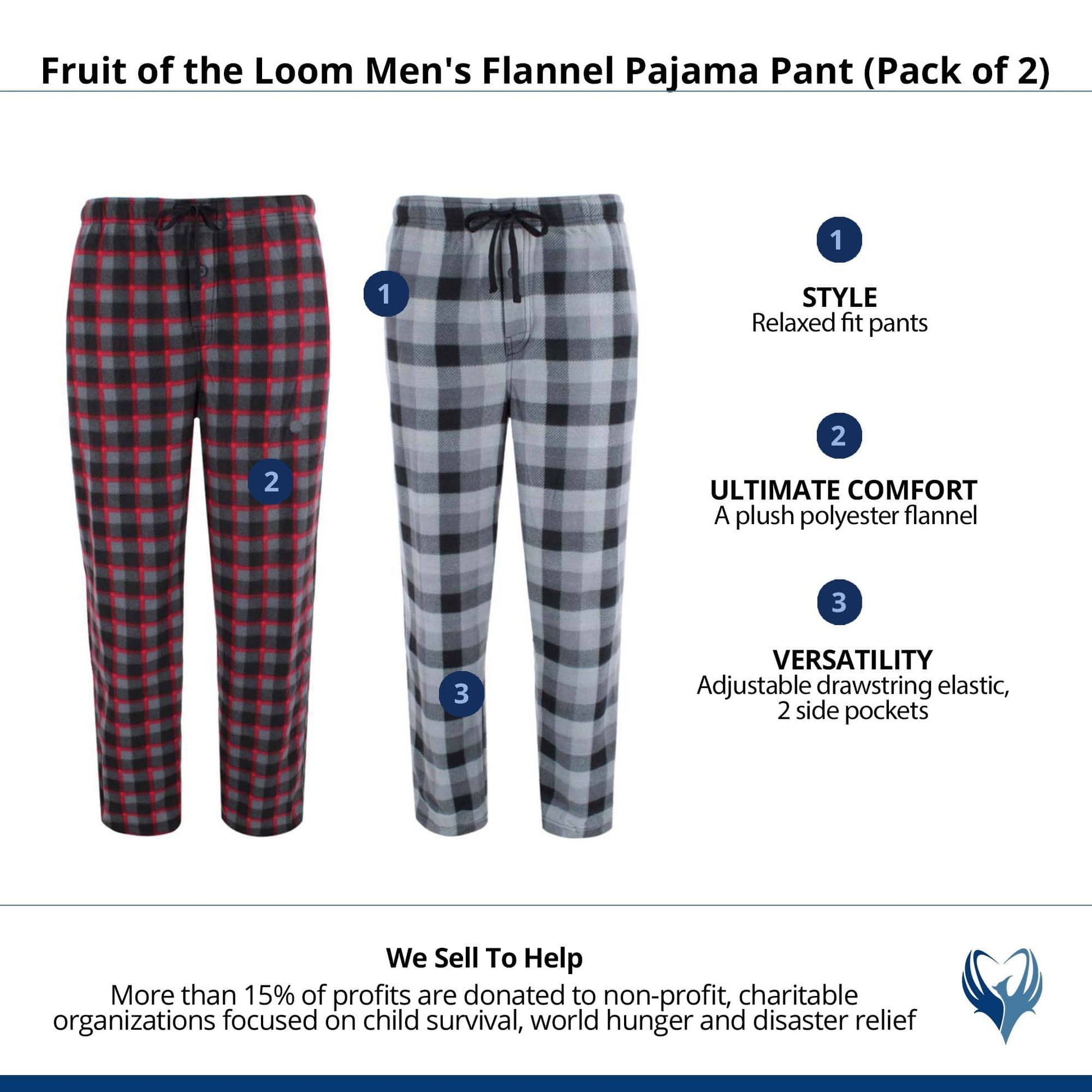 Fruit of the Loom Men's Flannel Pajama Pant (Pack of 2) - Grey Plaid