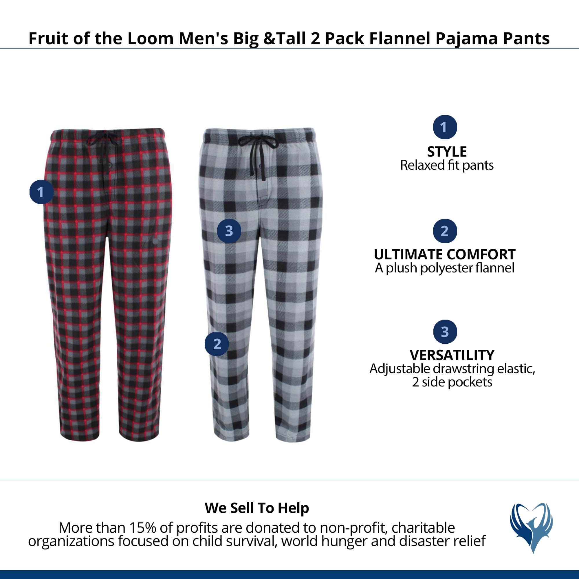 Fruit of the Loom Men's Big &Tall 2 Pack Flannel Pajama Pants - Grey Plaid