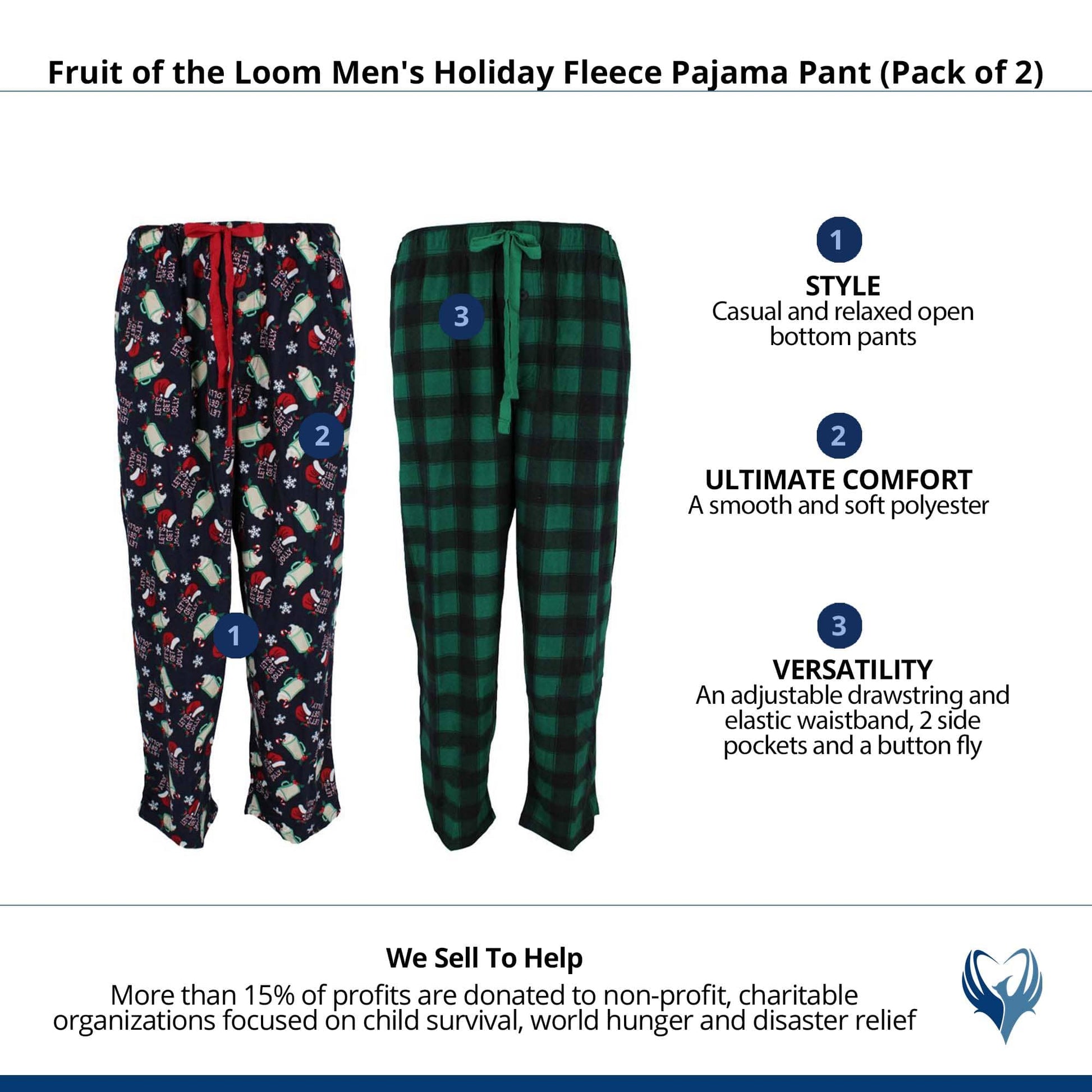Fruit of the Loom Men's Holiday Fleece Pajama Pant (Pack of 2) - Green Jolly