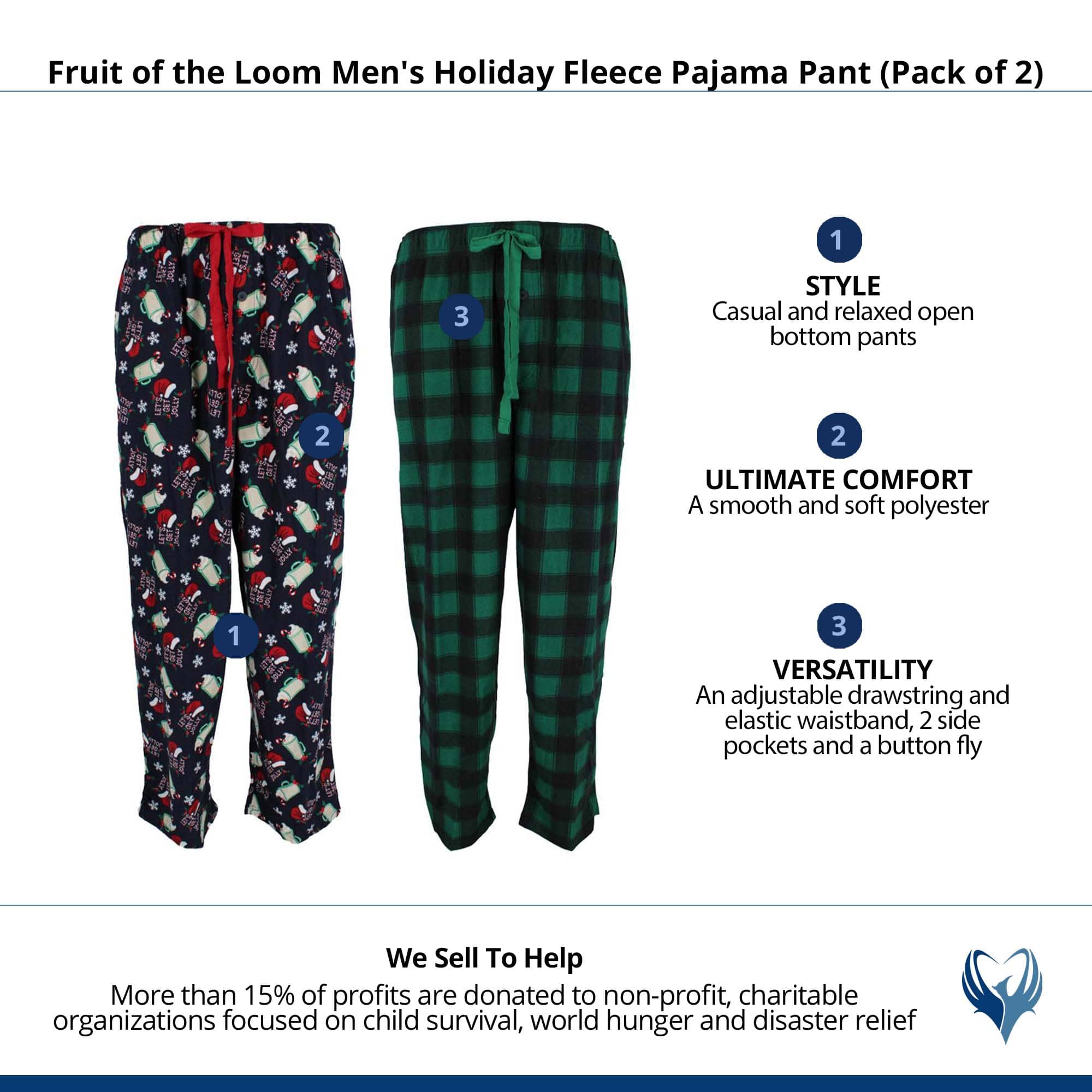 Fruit of the Loom Men's Holiday Fleece Pajama Pant (Pack of 2) - Green Jolly