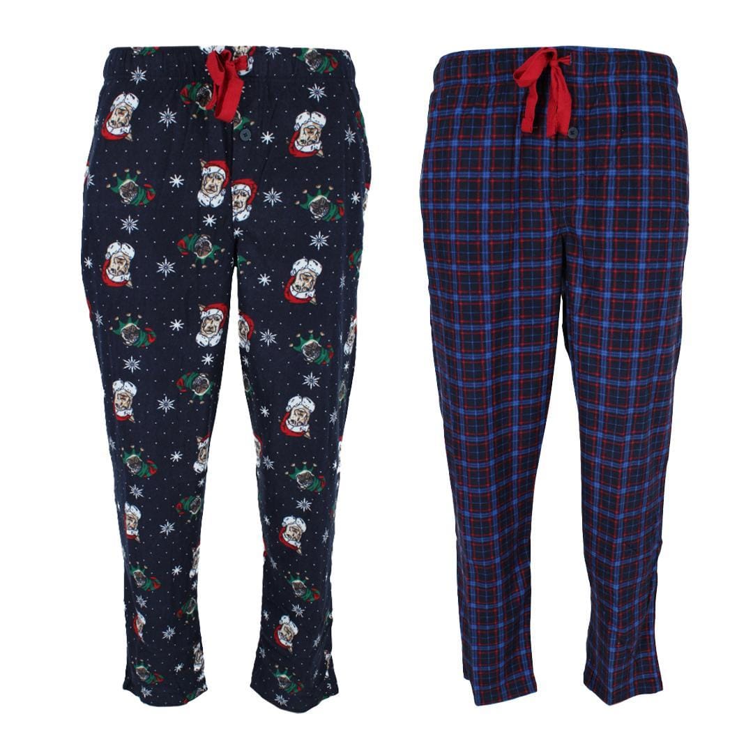 Fruit of the Loom Men's Holiday Fleece Pajama Pant (Pack of 2) - Navy Plaid and Christmas Dogs