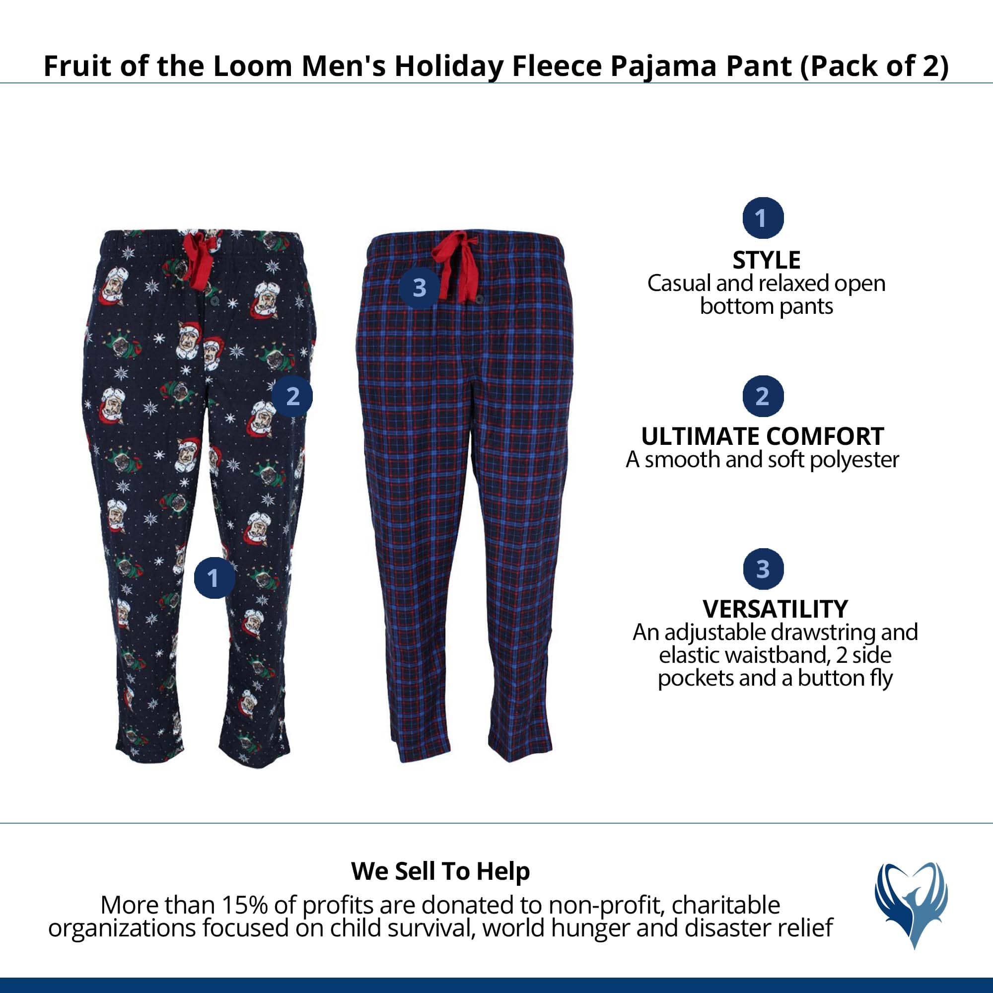 Fruit of the Loom Men's Holiday Fleece Pajama Pant (Pack of 2) - Navy Plaid and Christmas Dogs