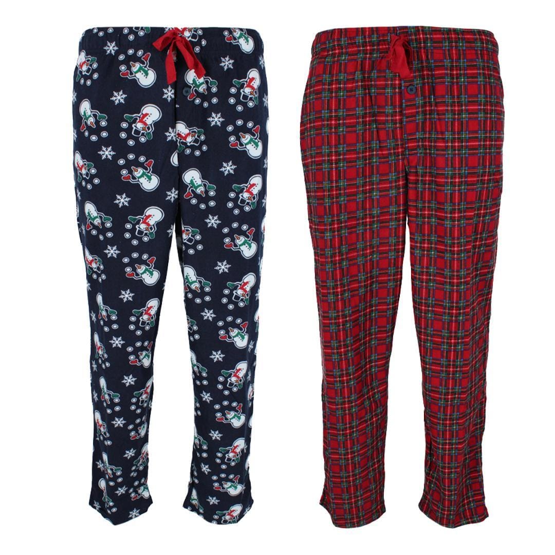Fruit of the Loom Men's Holiday Fleece Pajama Pant (Pack of 2) - Red Plaid and Navy Snowmen