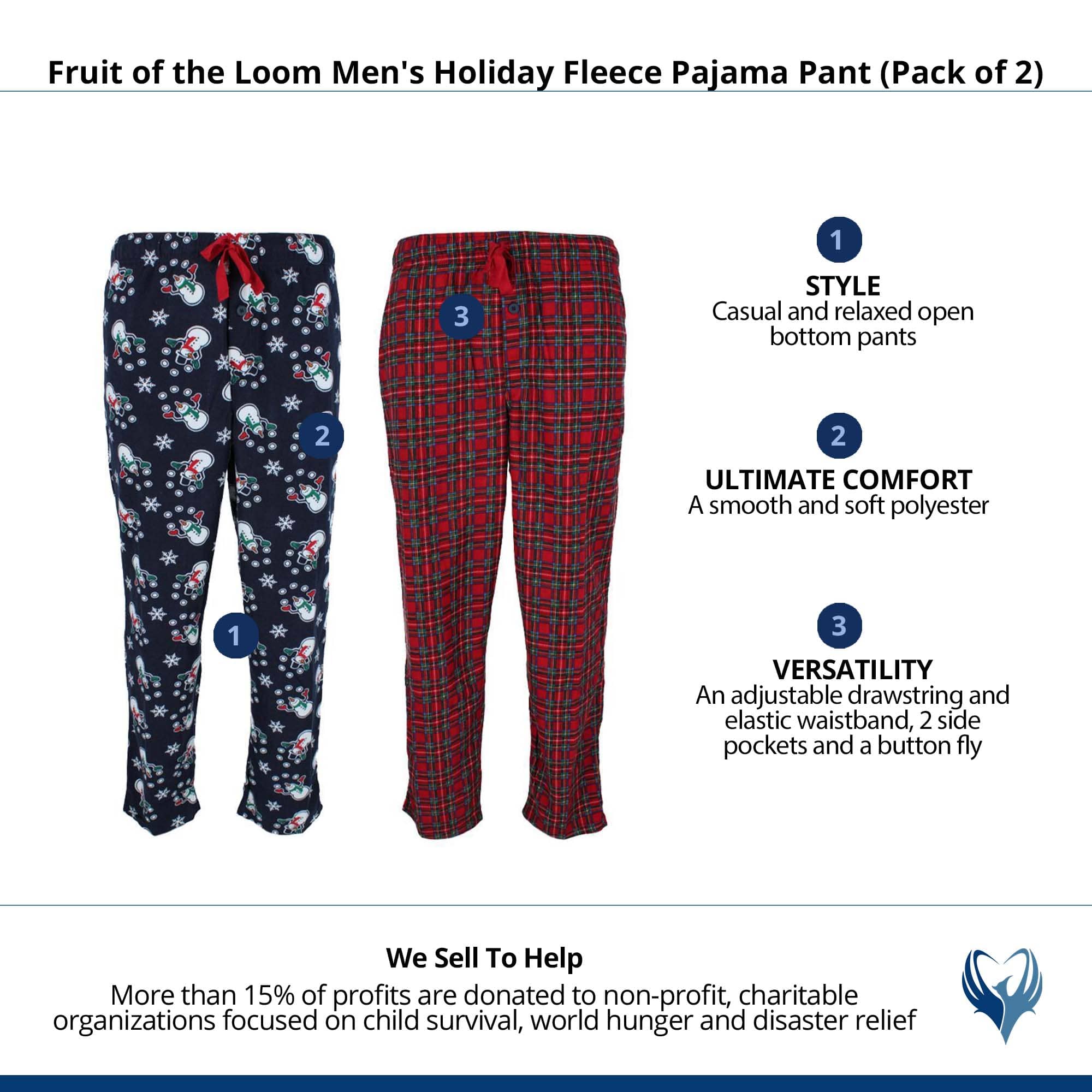 Fruit of the Loom Men's Holiday Fleece Pajama Pant (Pack of 2) - Red Plaid and Navy Snowmen