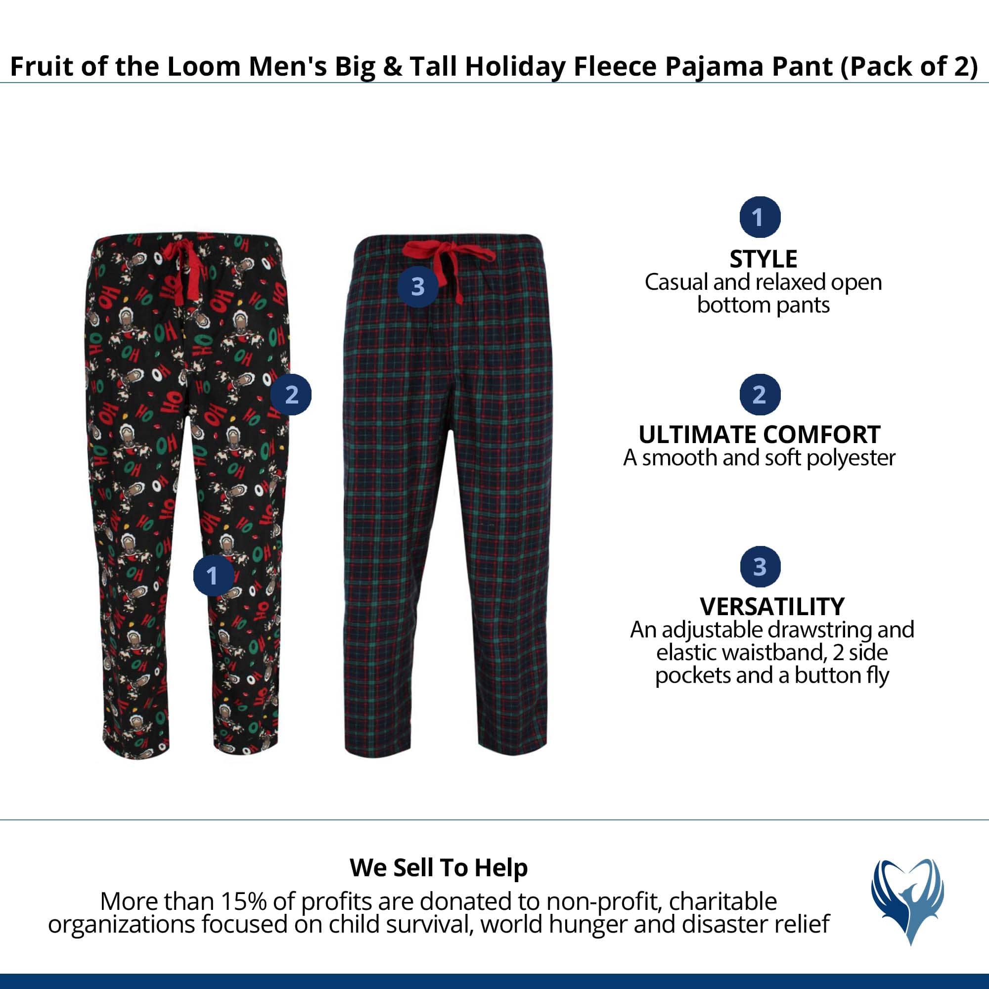 Fruit of the Loom Men's Holiday Fleece Pajama Pant (Pack of 2) - Black Reindeer and Navy Plaid