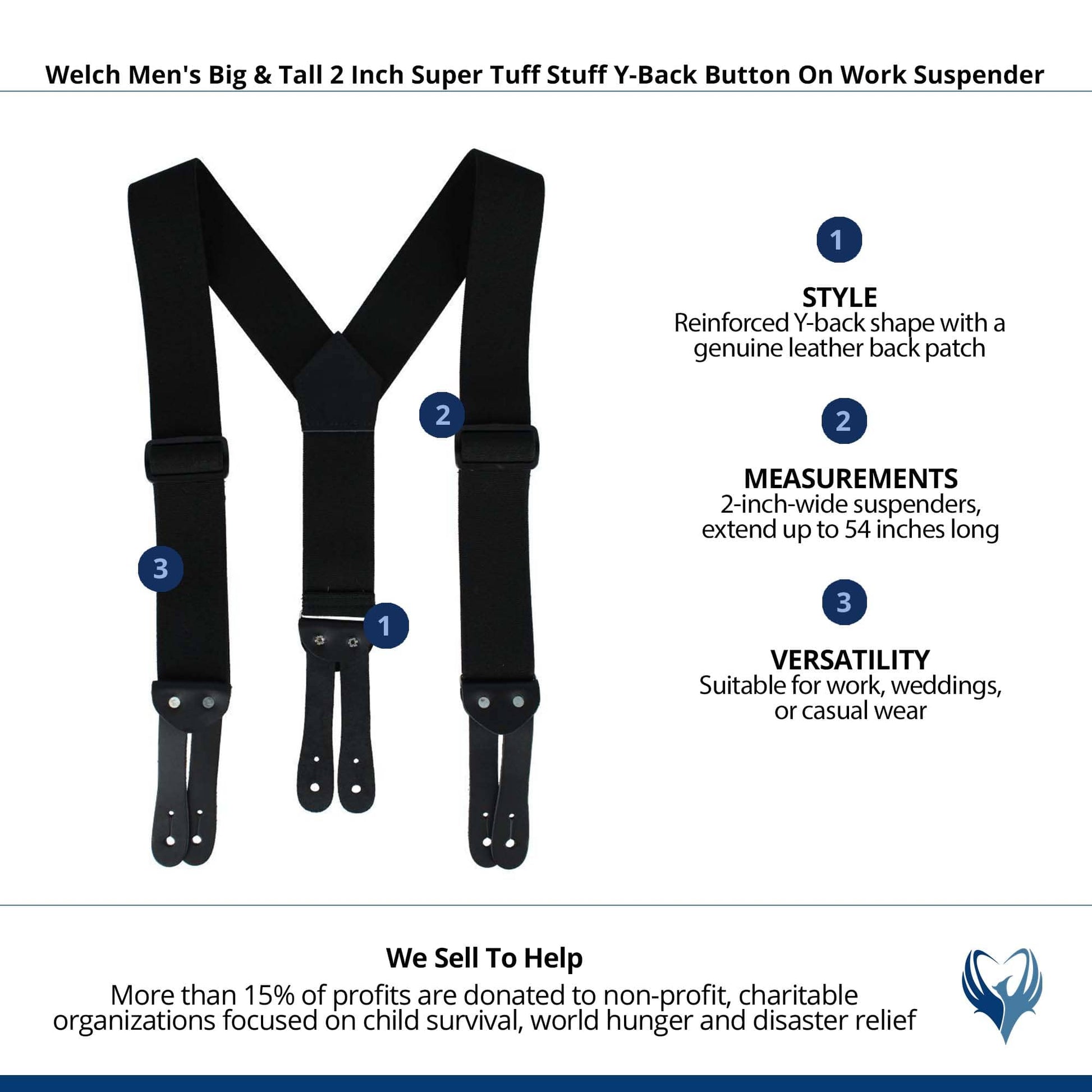 Welch Men's Big & Tall Super Tuff Stuff Y-Back Button On Work Suspender - Black