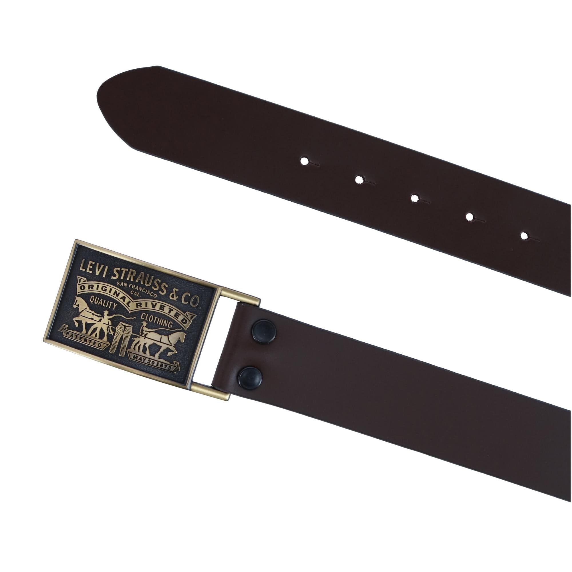 Levis Men's Leather Bridle Belt with Antiqued Removable Plaque Buckle - Brown with Brass Buckle