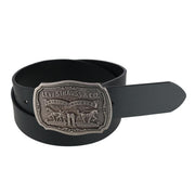 Men's Leather Belt with Removable Antiqued Logo Plaque Buckle