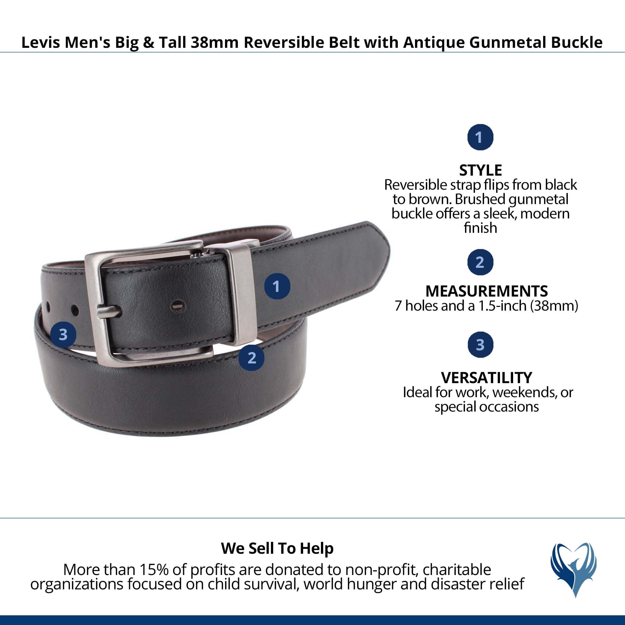 Levis Men's Big & Tall 38mm Reversible Belt with Antique Gunmetal Buckle - Black/Brown