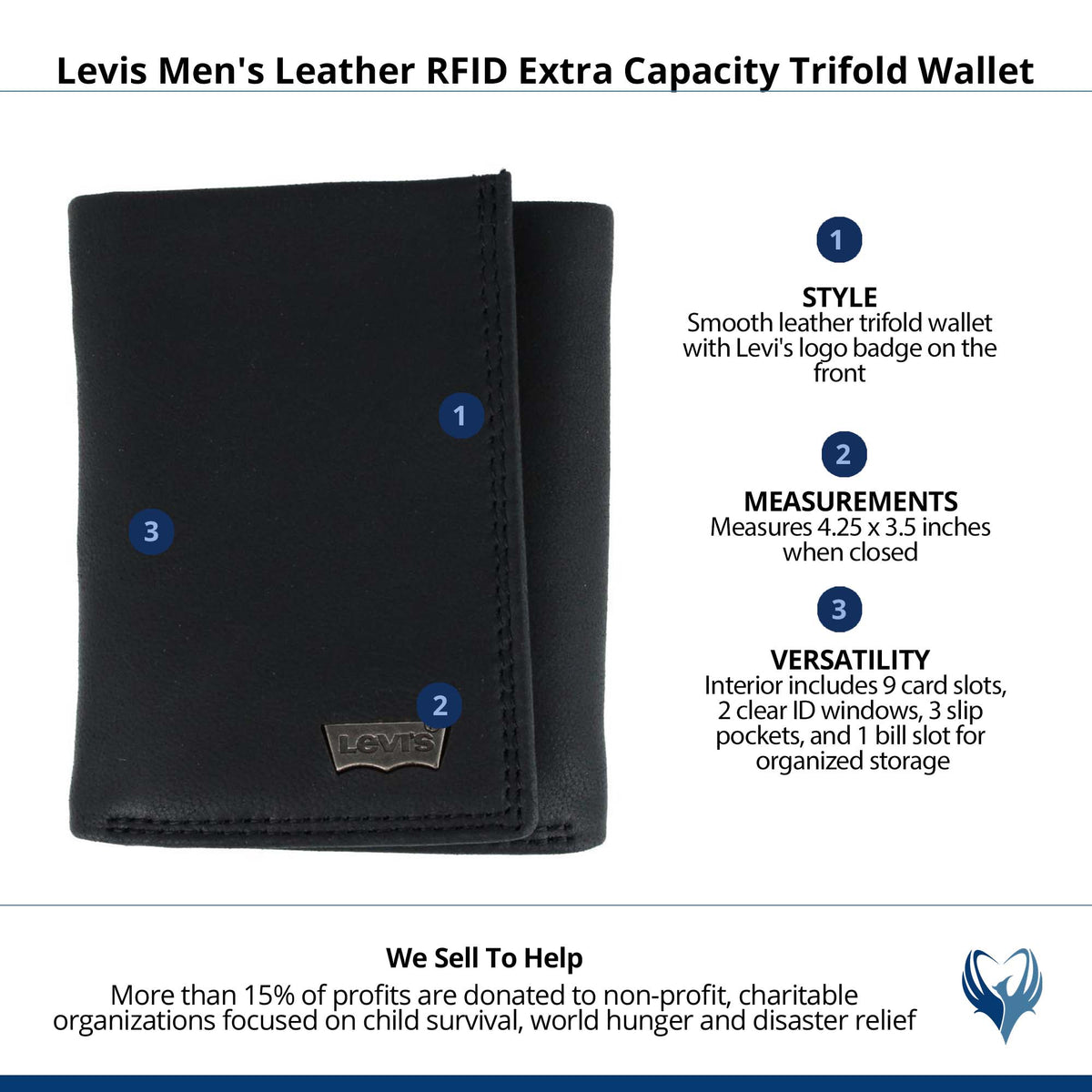Levis Men's Leather RFID Extra Capacity Trifold Wallet - Black