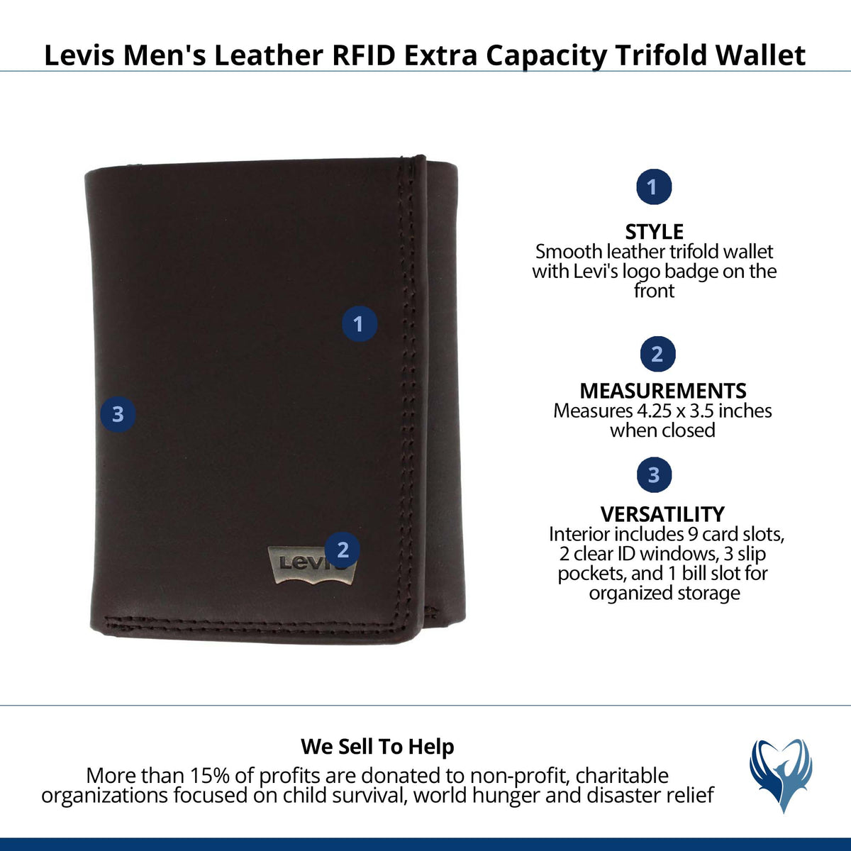 Levis Men's Leather RFID Extra Capacity Trifold Wallet - Brown