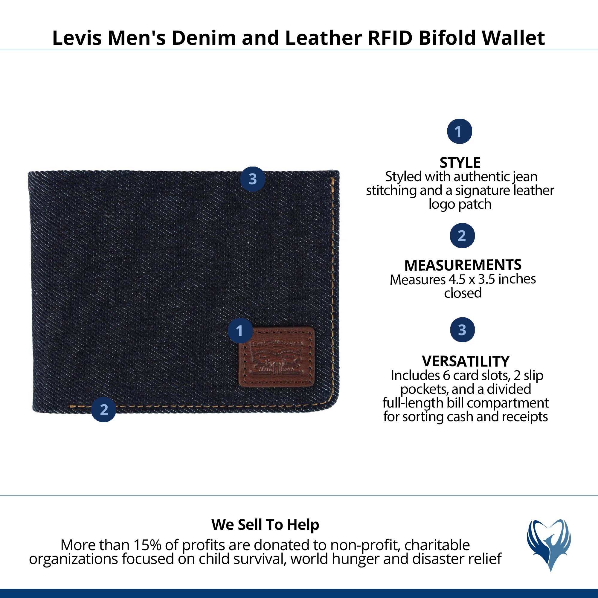Levis Men's Denim and Leather RFID Bifold Wallet - Denim
