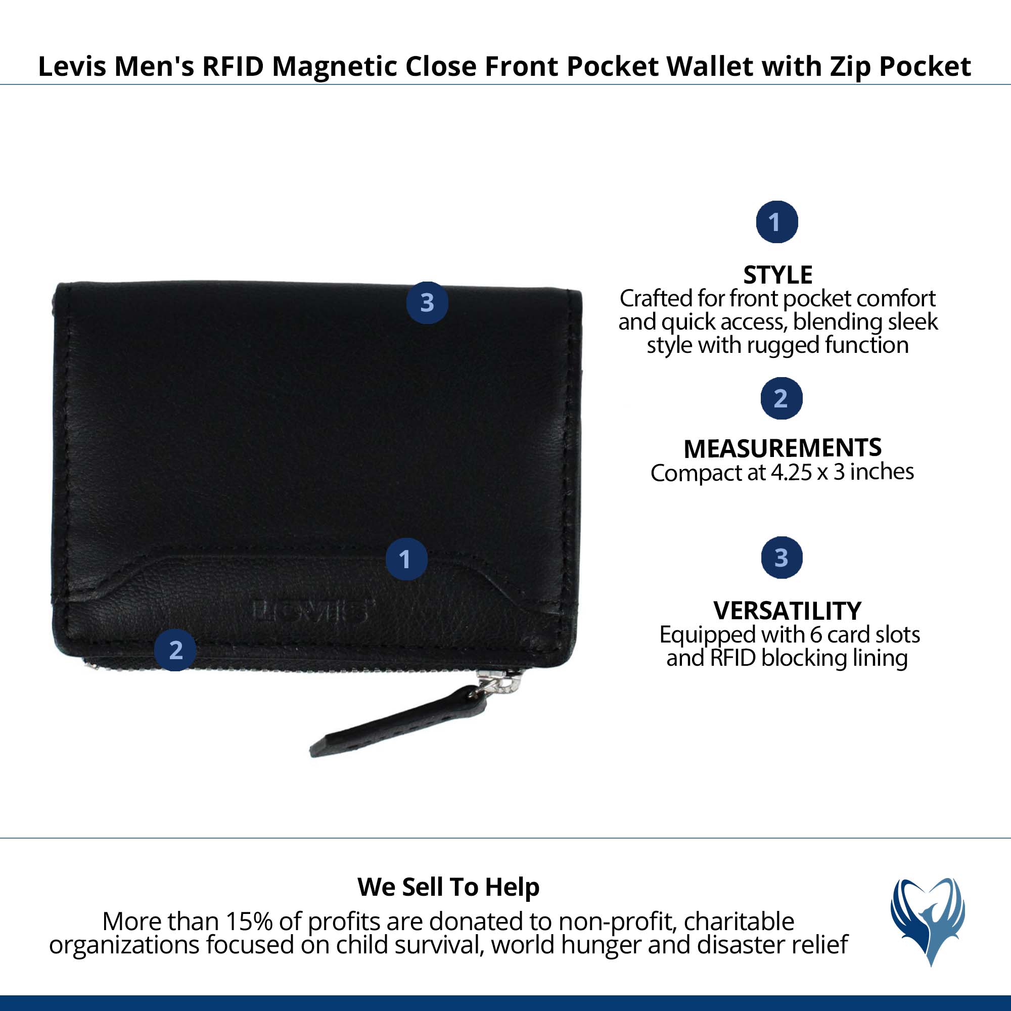 Levis Men's RFID Magnetic Close Front Pocket Wallet with Zip Pocket - Black