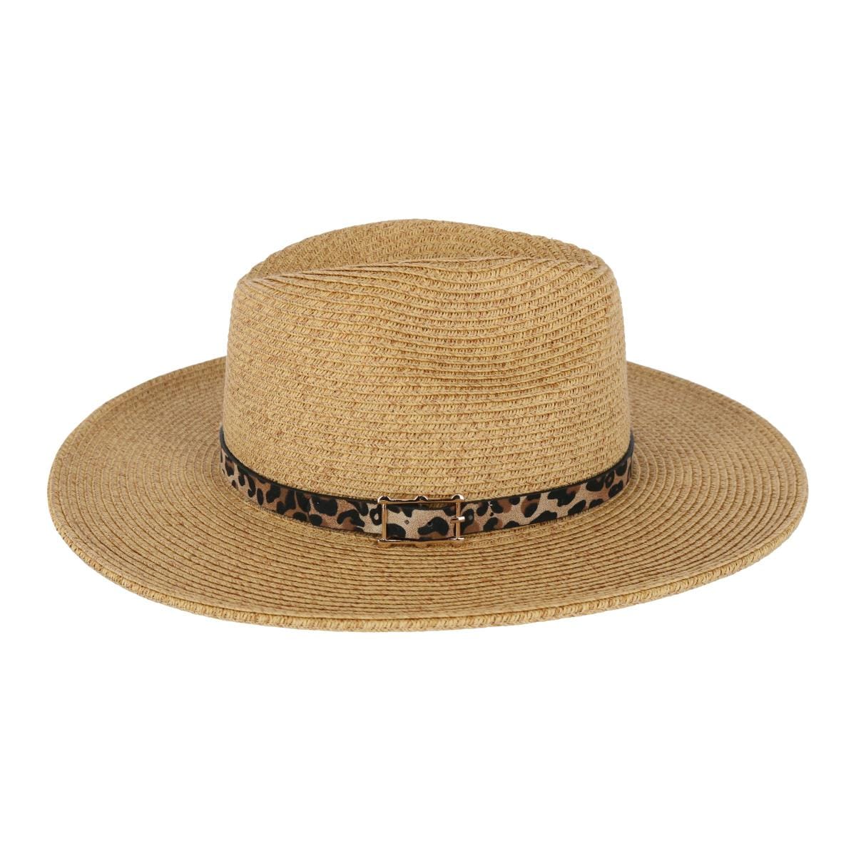 Karen Keith Women's Braided Toyo Fedora Sun Hat with Leopard Hat Band - Tan