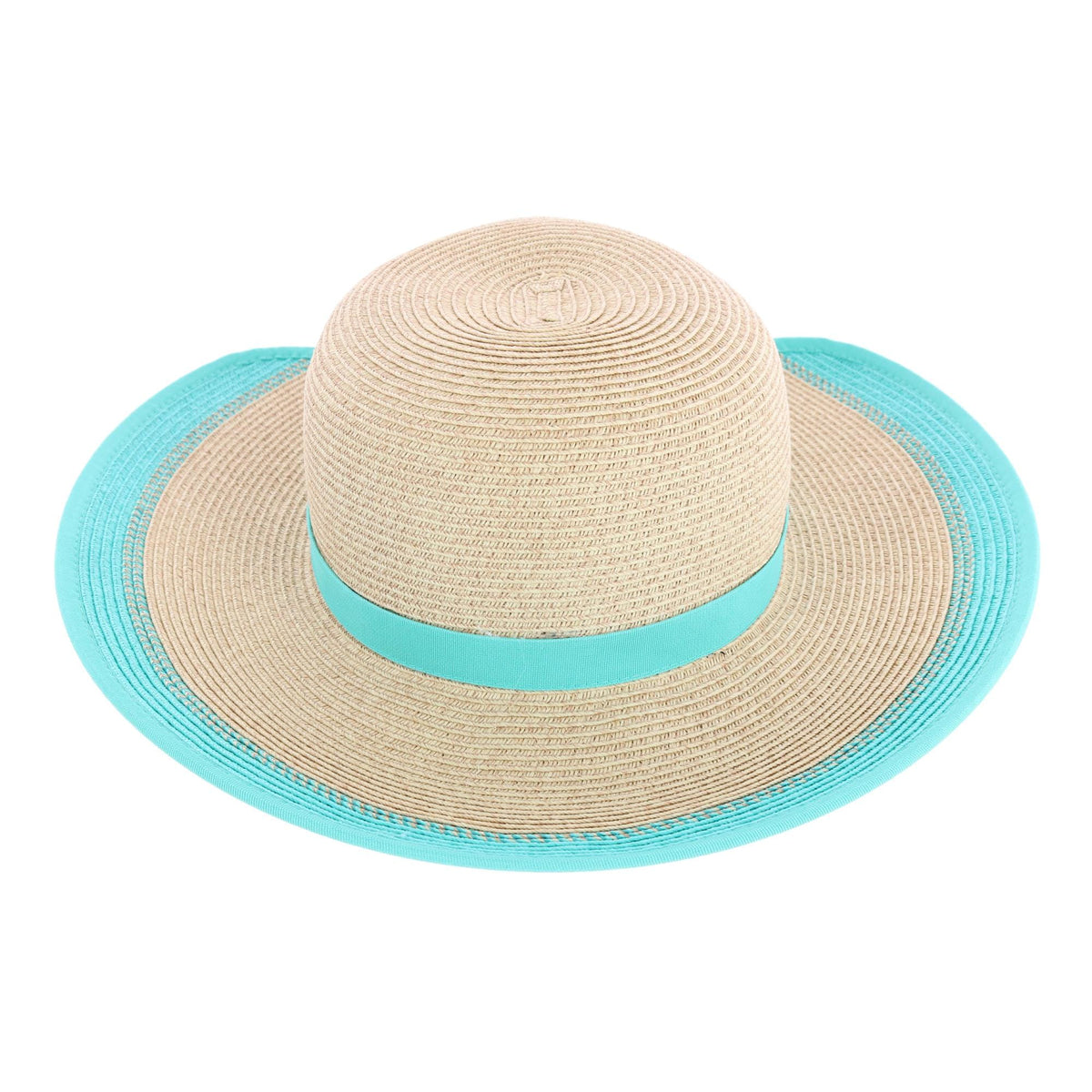 Karen Keith Women's Toyo Braid Sun Hat with Ponytail Opening in Back - Natural/Aqua