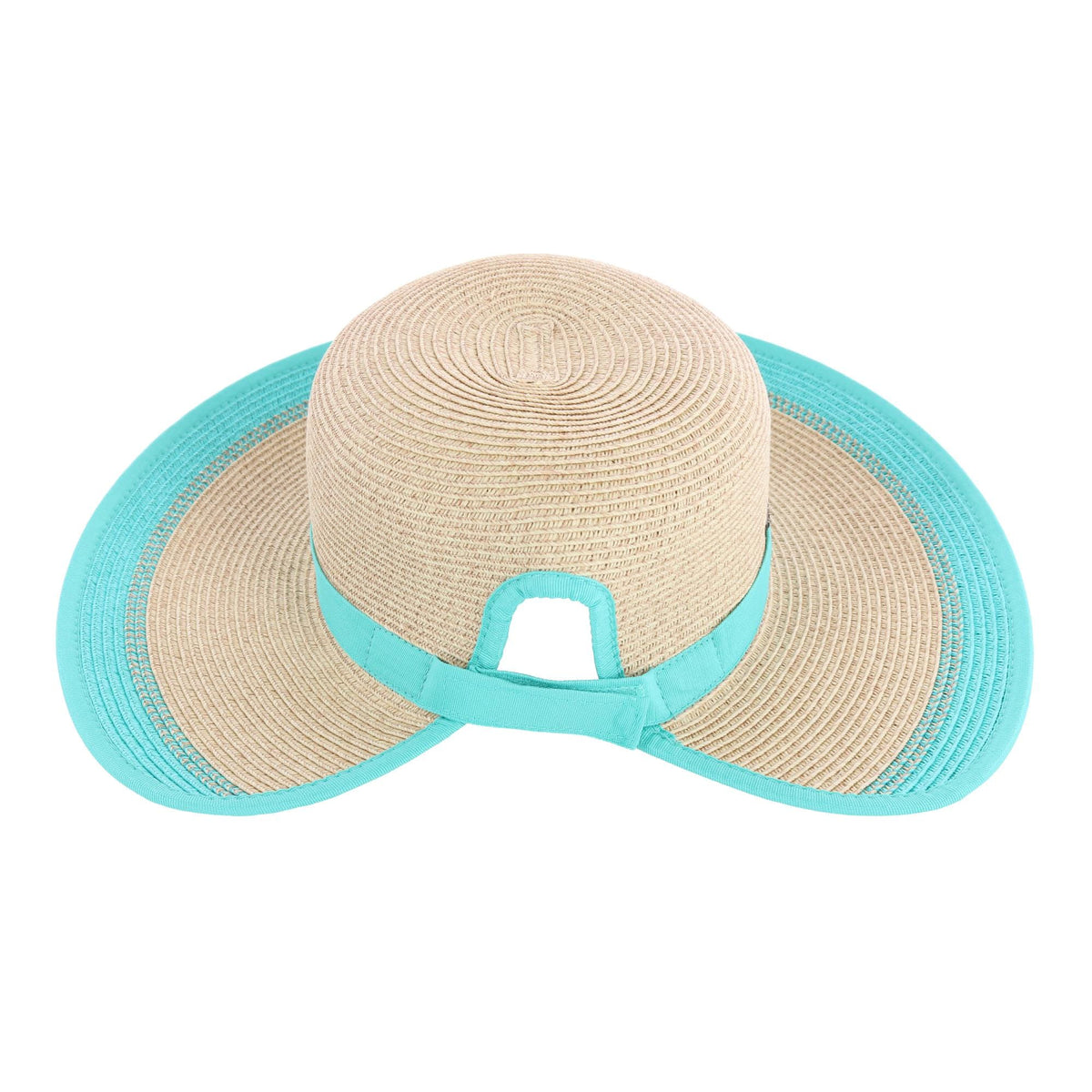 Karen Keith Women's Toyo Braid Sun Hat with Ponytail Opening in Back - Natural/Aqua