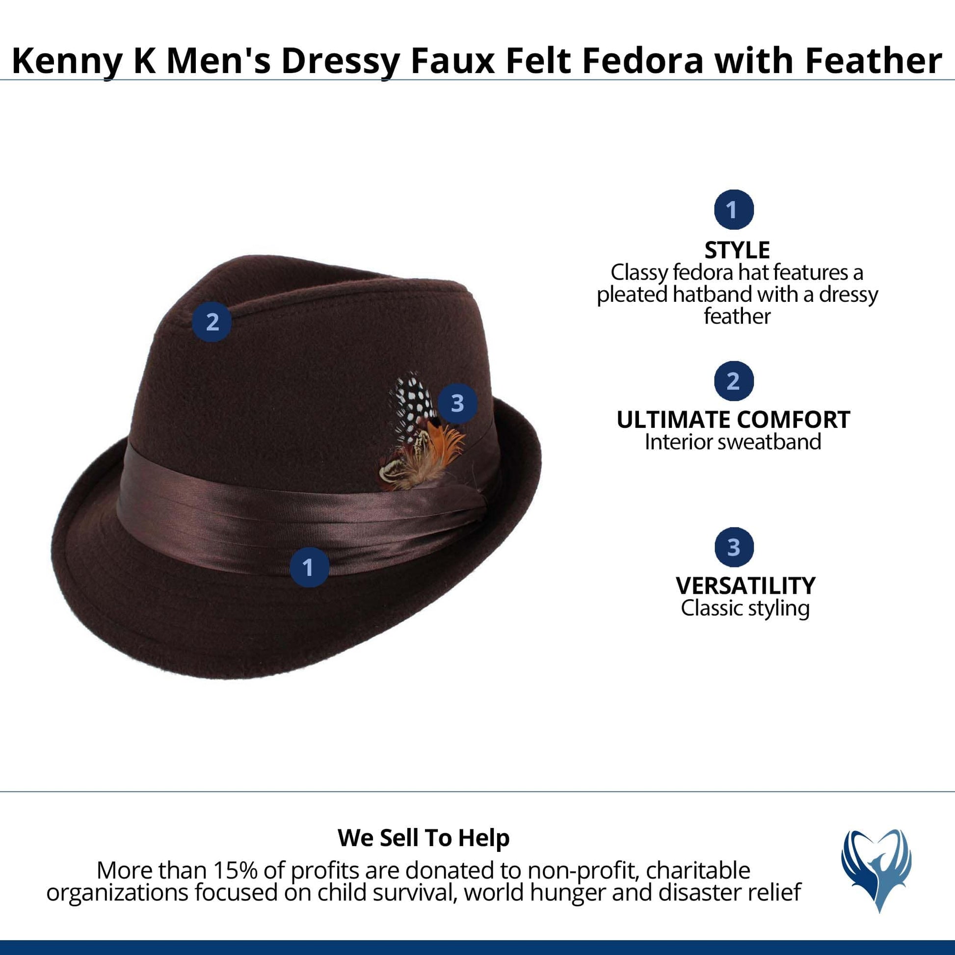 Kenny K Men's Dressy Faux Felt Fedora with Feather - Brown