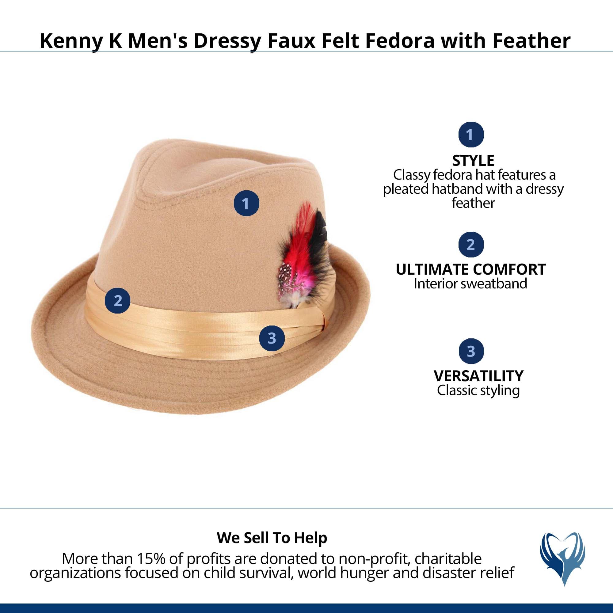 Kenny K Men's Dressy Faux Felt Fedora with Feather - Tan