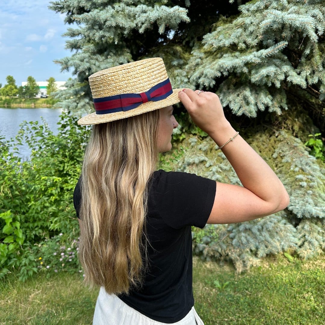 CTM® Straw 2 Inch Brim Boater Hat with Navy Band and Elastic Sweatband - Natural
