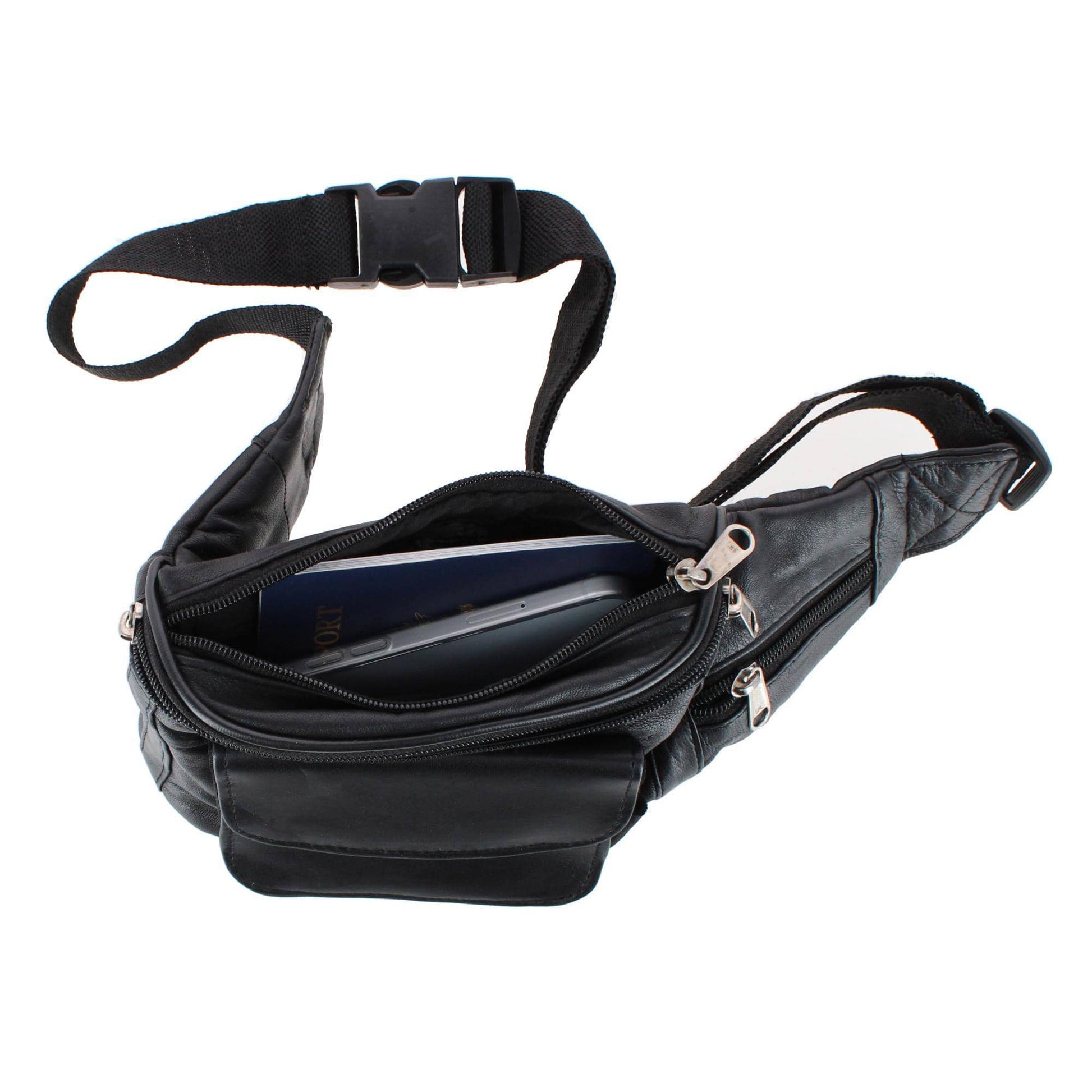 CTM® Unisex Lambskin Leather Fanny Pack with Multiple Compartments - Black