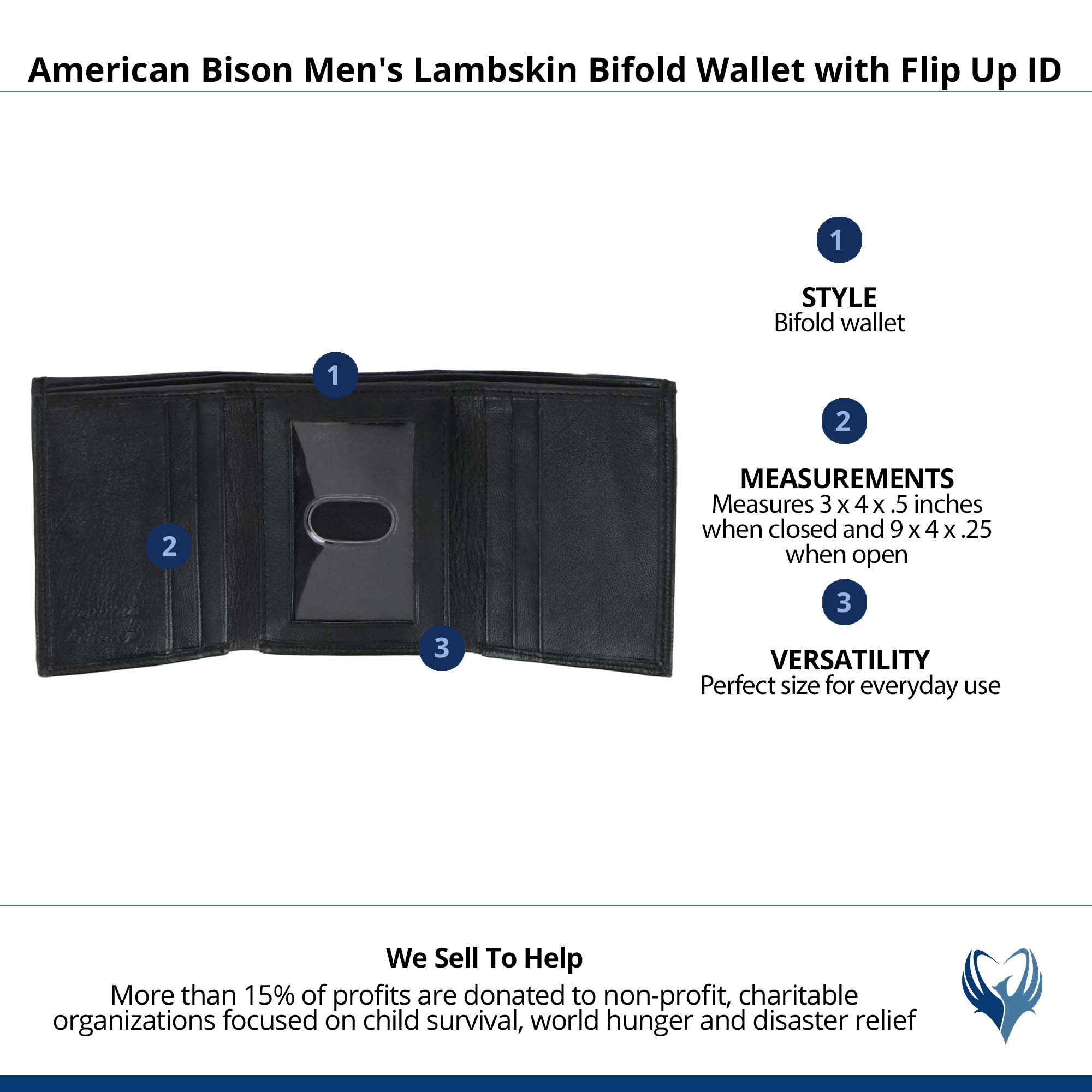 American Bison Men's Lambskin Trifold Wallet with Flip Up ID - Black