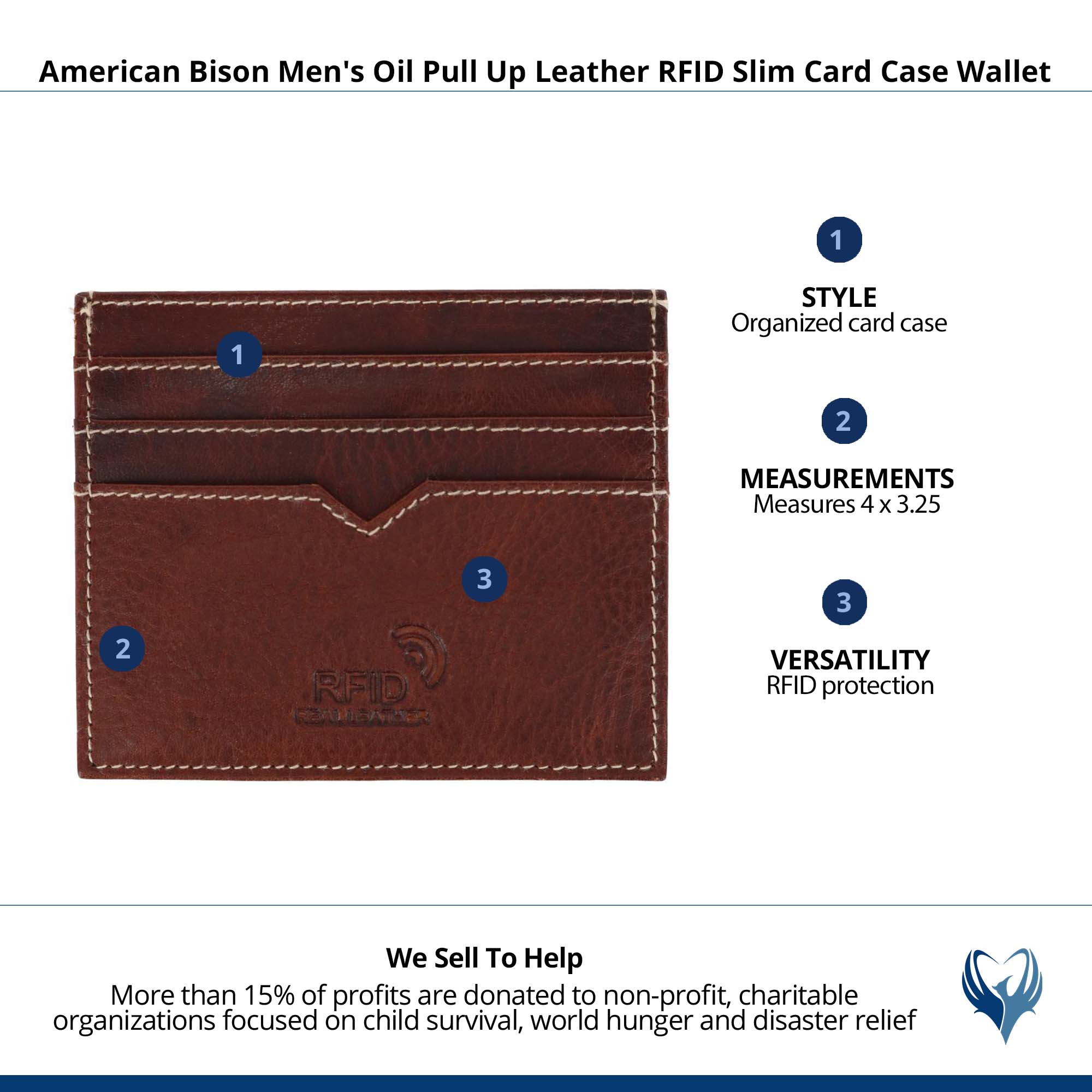 American Bison Men's Oil Pull Up Leather RFID Slim Card Case Wallet - Brown