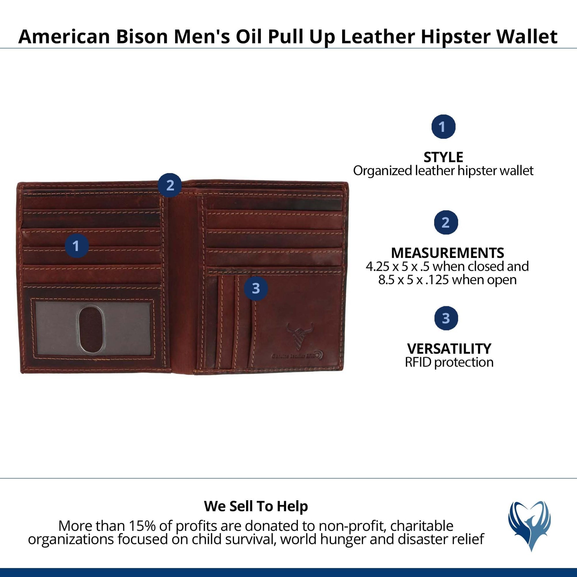 American Bison Men's Oil Pull Up Leather Hipster Wallet - Brown