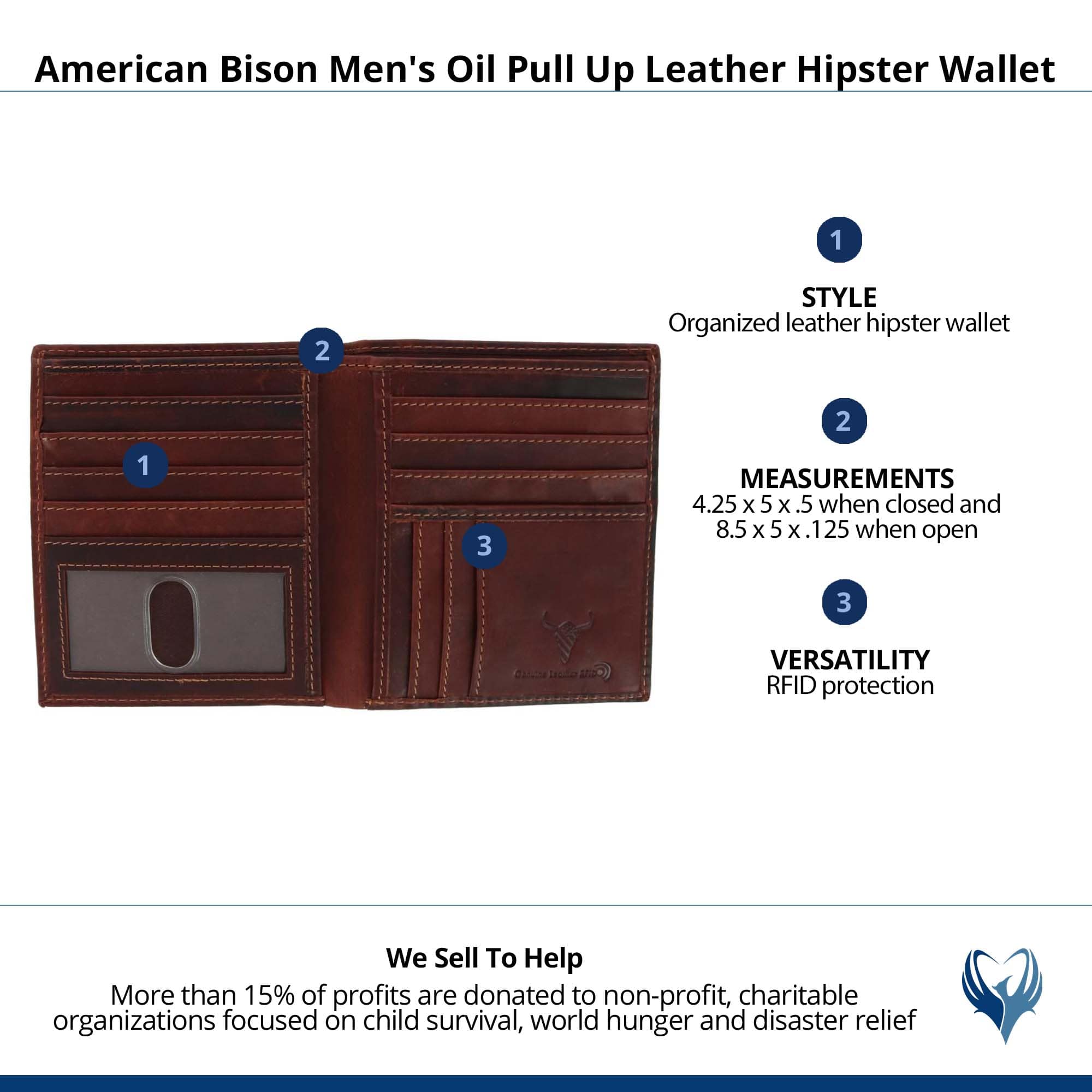 American Bison Men's Oil Pull Up Leather Hipster Wallet - Brown
