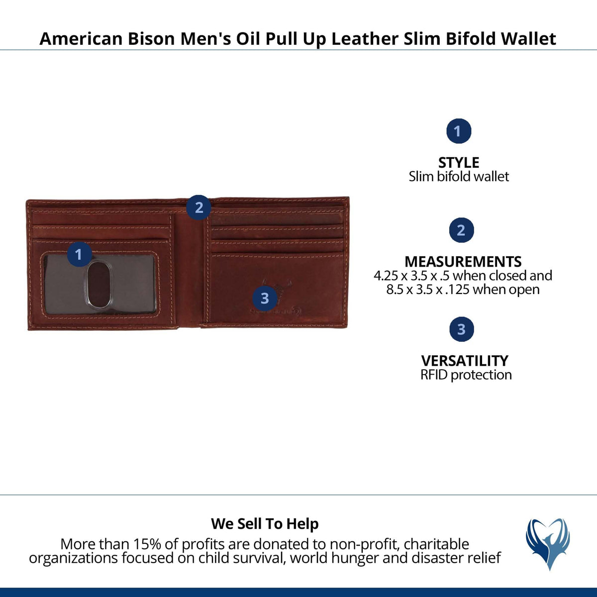 American Bison Men's Oil Pull Up Leather Slim Bifold Wallet - Brown