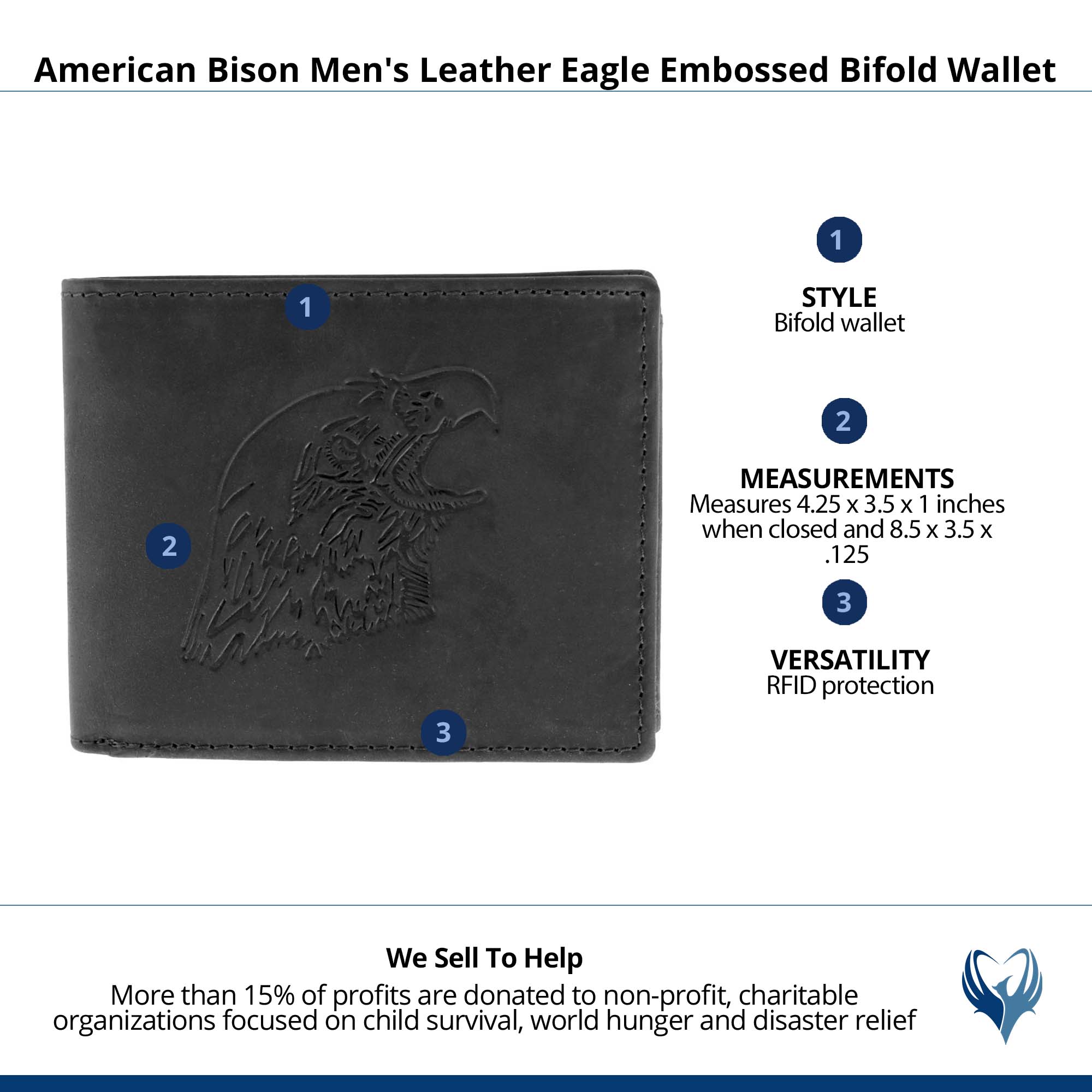 American Bison Men's Leather Eagle Embossed Bifold Wallet - Black