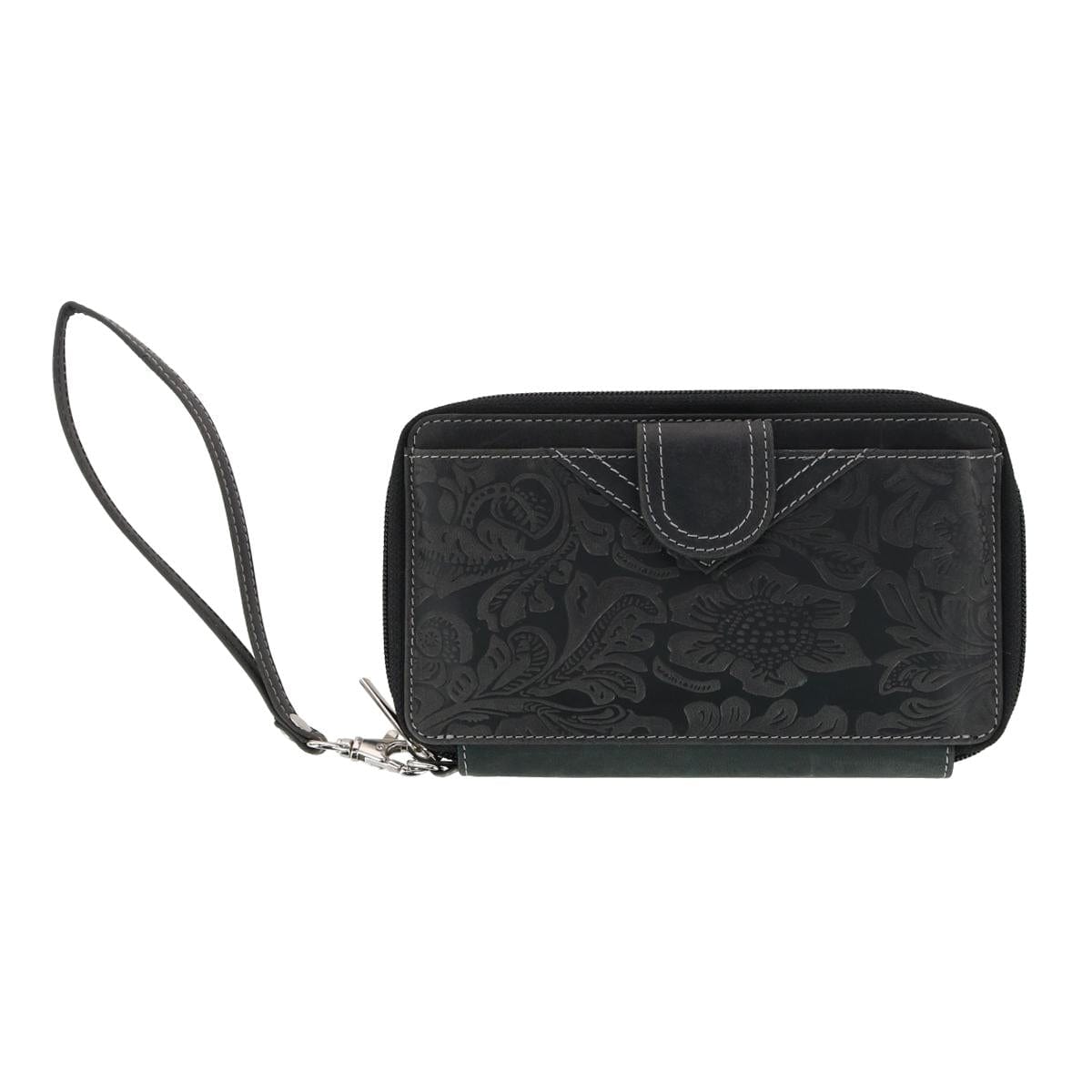 CTM® Women's Embossed Floral Tooled Leather Wristlet - Black