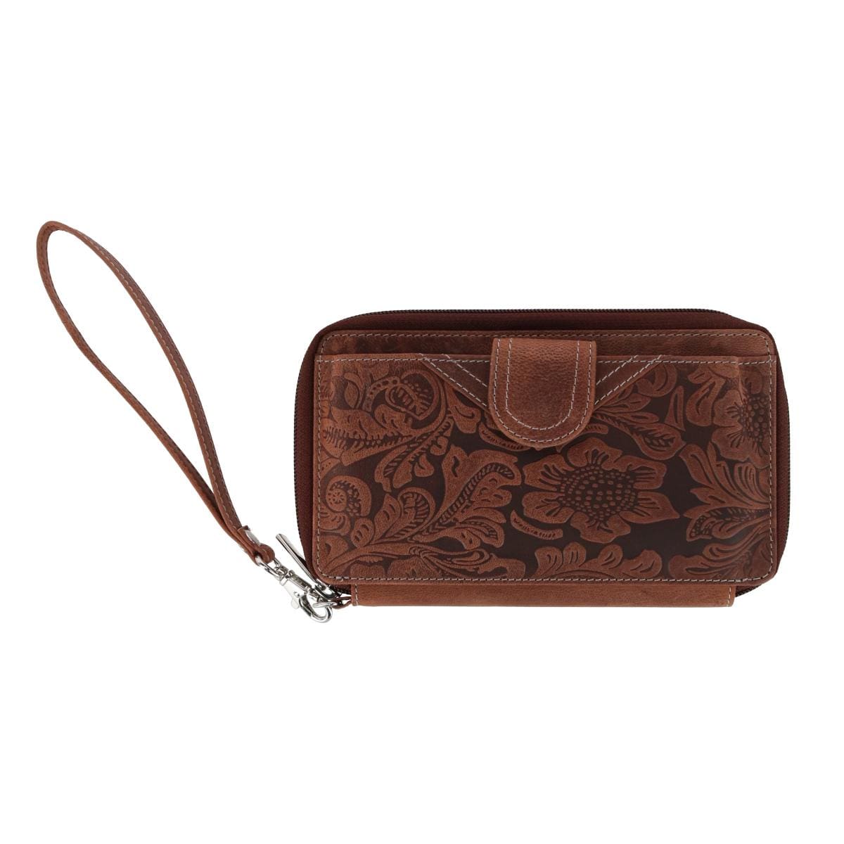 CTM® Women's Embossed Floral Tooled Leather Wristlet - Brown