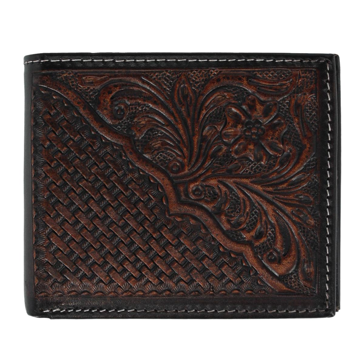 American Bison Men's Hand Tooled Leather Bifold Wallet - Brown