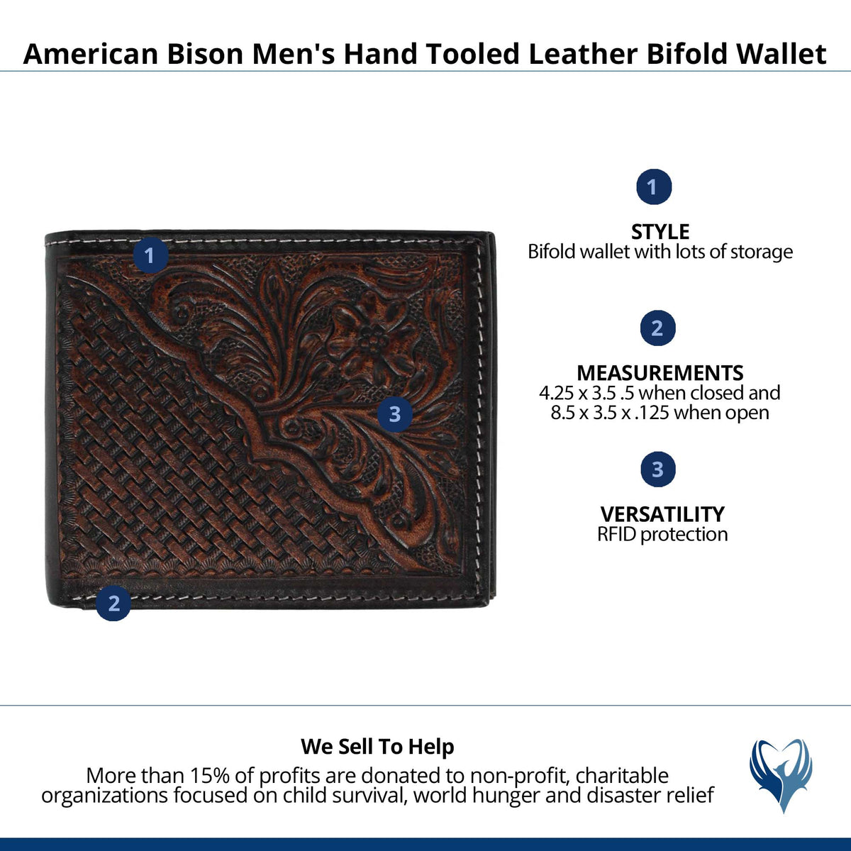 American Bison Men's Hand Tooled Leather Bifold Wallet - Brown