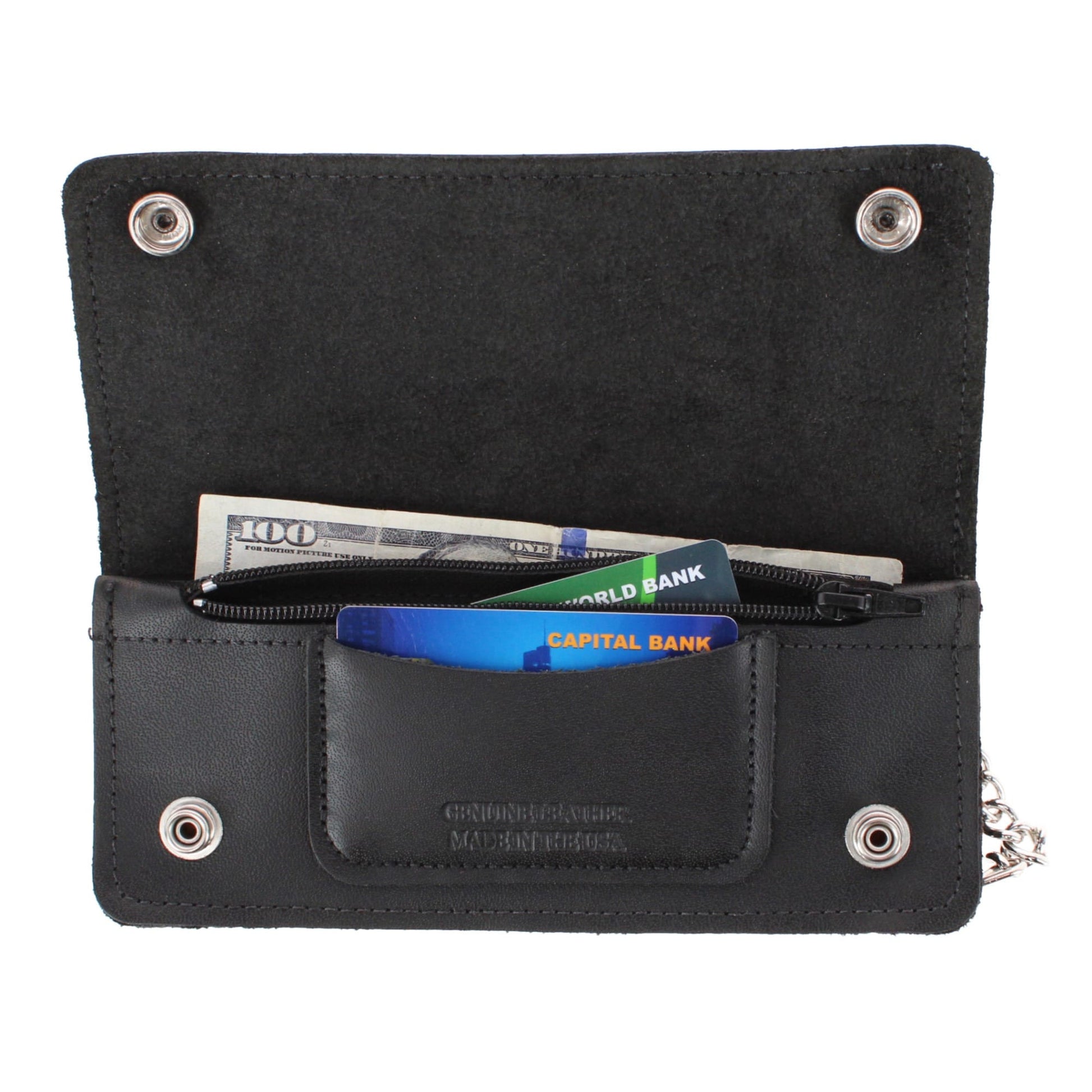 CTM® Men's Made in USA Leather Chain Wallet Buffalo Nickel Snaps - Black