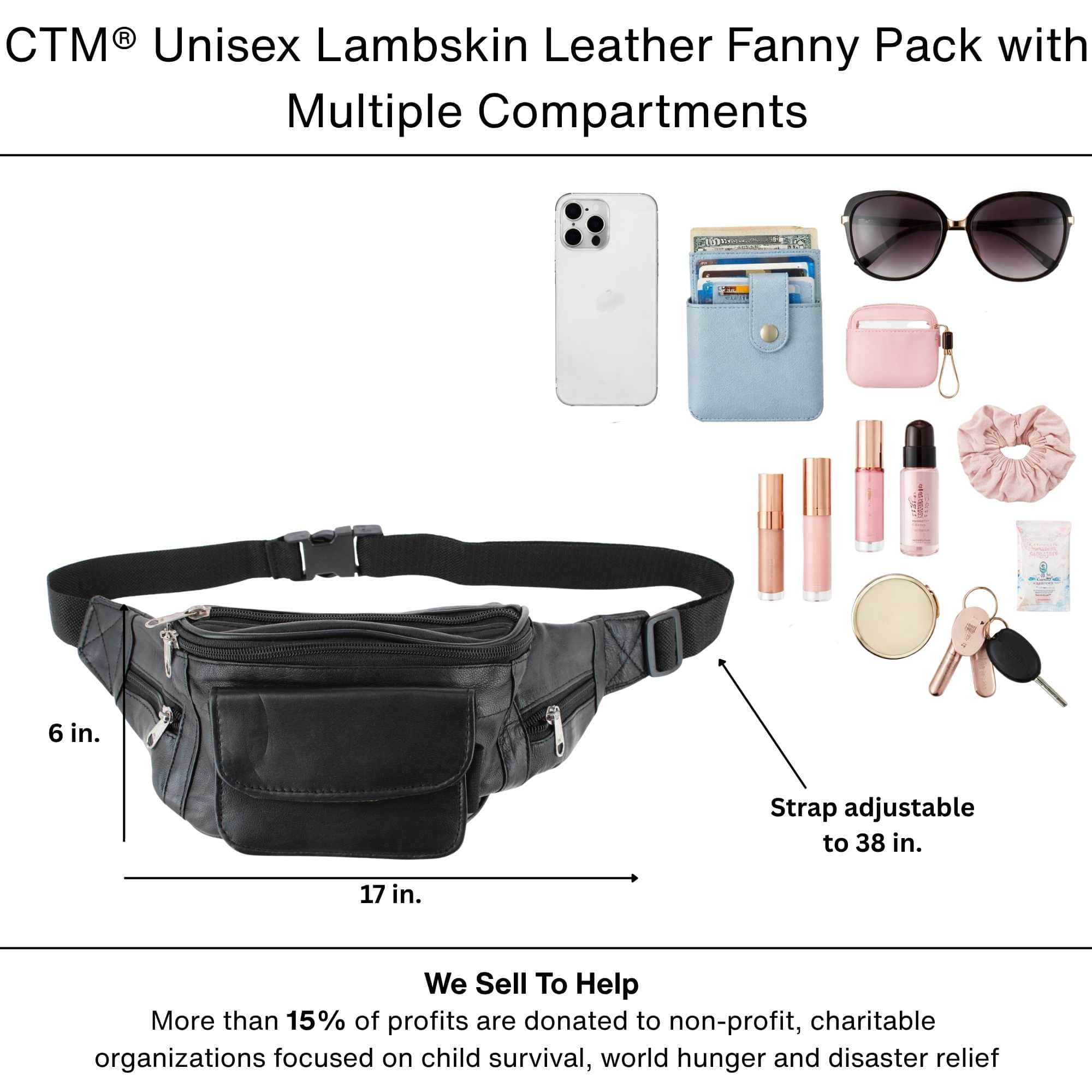 CTM® Unisex Lambskin Leather Fanny Pack with Multiple Compartments - Black