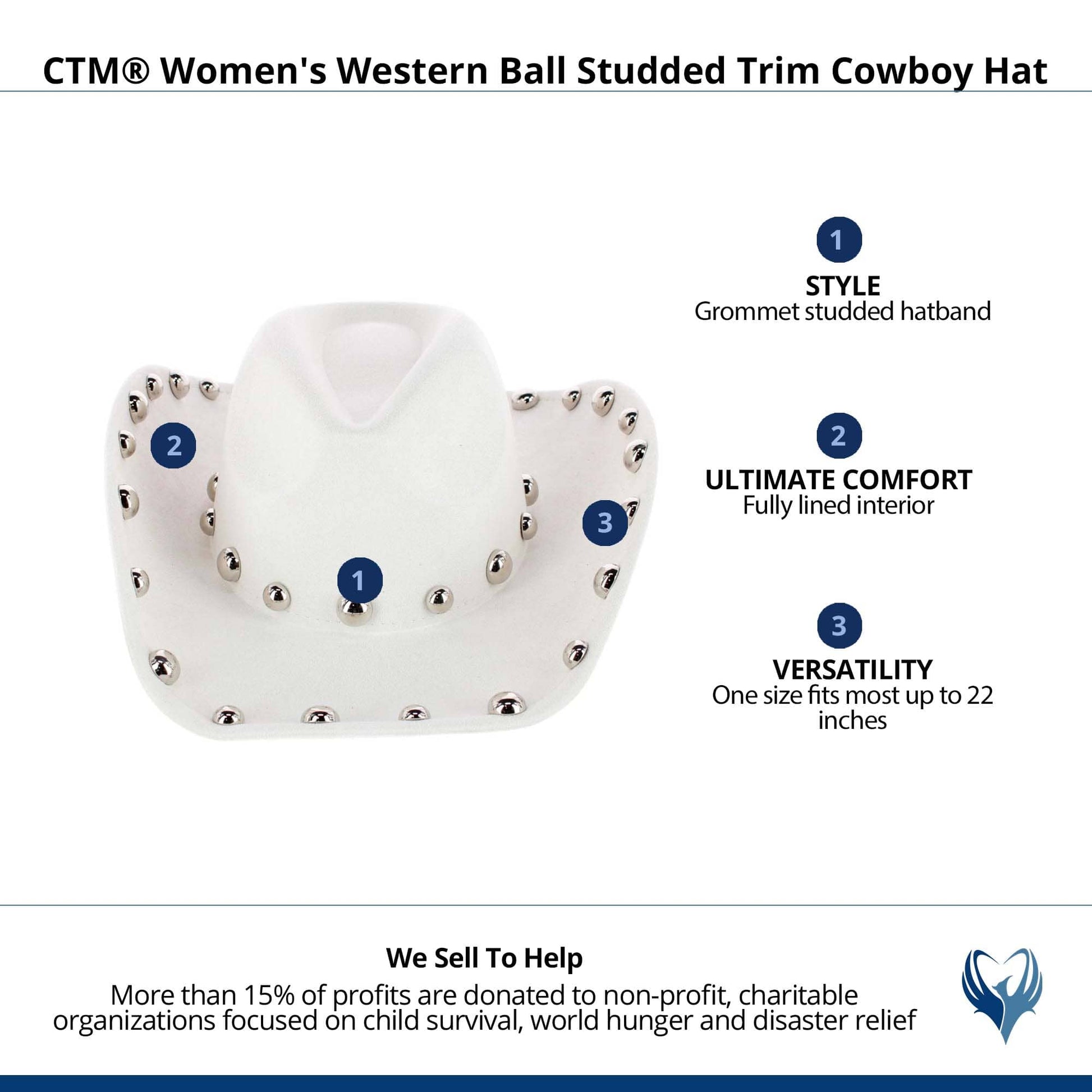 CTM® Women's Western Ball Studded Trim Cowboy Hat - White