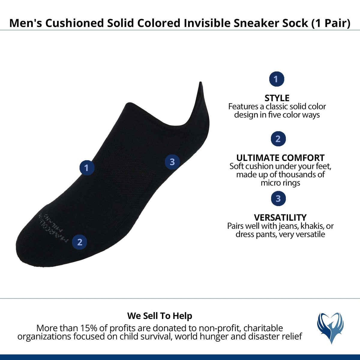 Men's Cushioned Solid Colored Invisible Sneaker Sock (1 Pair) - Black