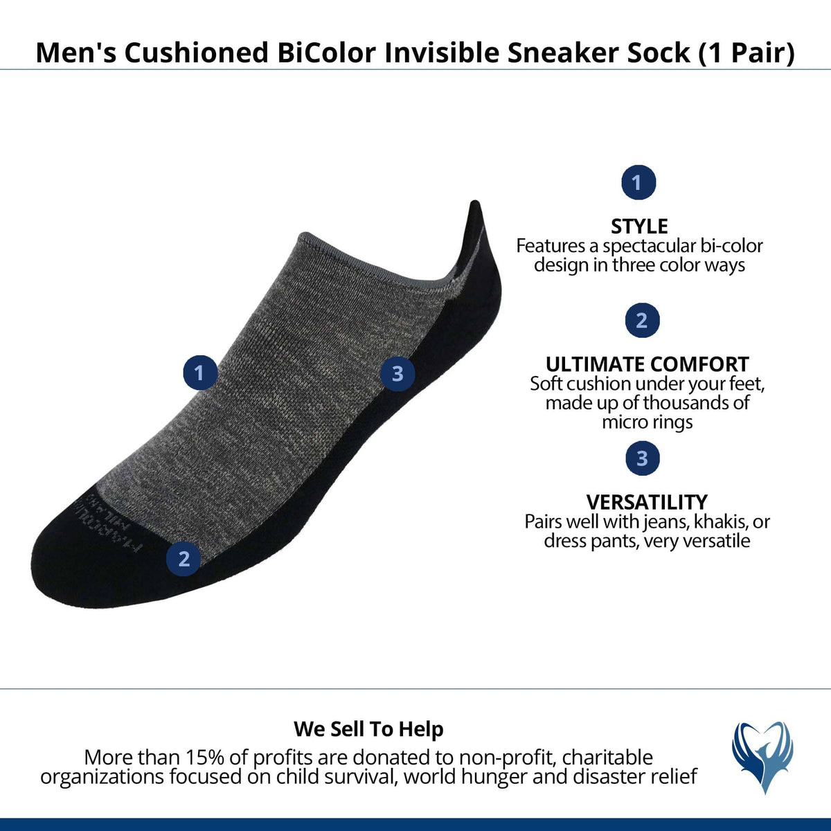 Men's Cushioned BiColor Invisible Sneaker Sock (1 Pair) - Black and Flannel