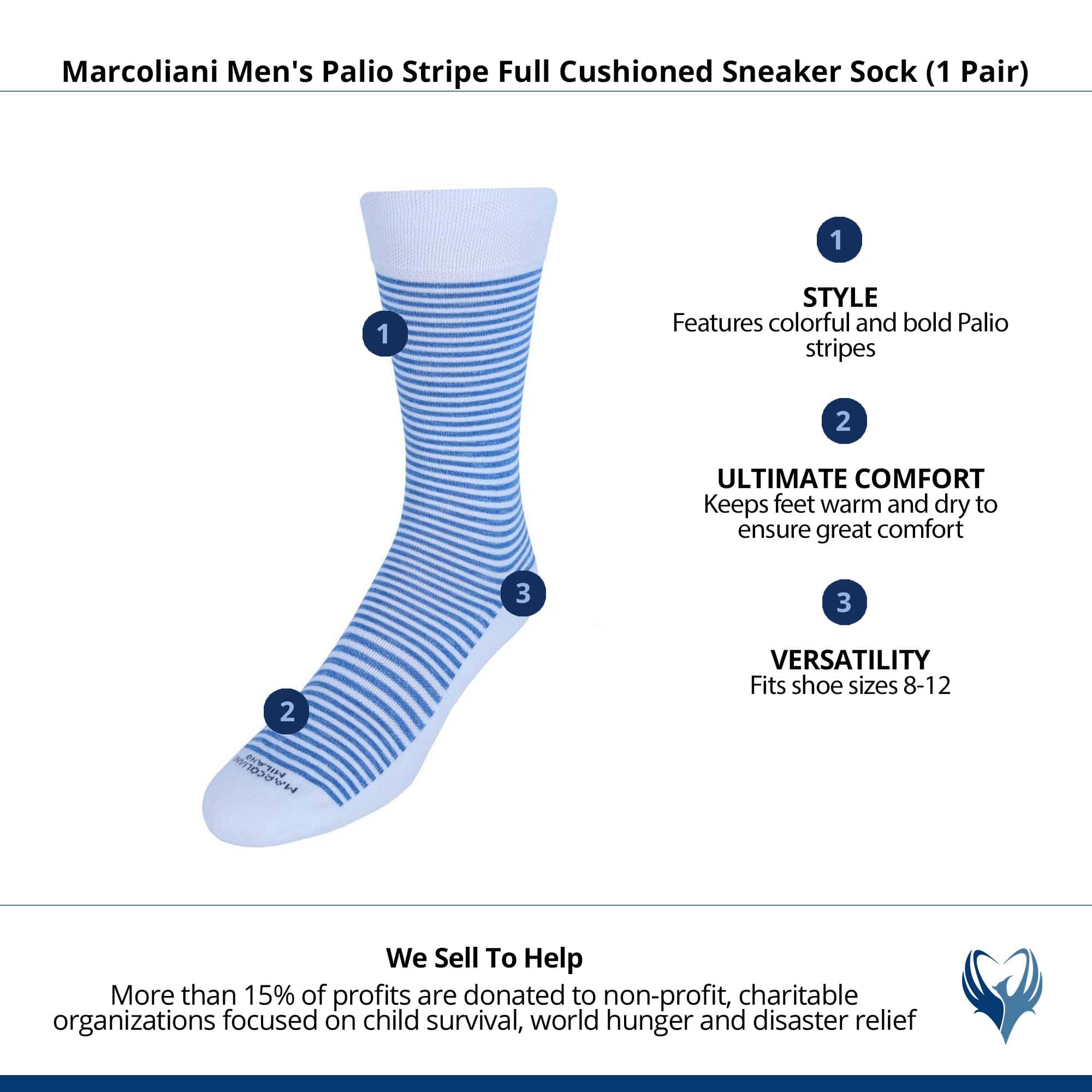 Marcoliani Men's Palio Stripe Full Cushioned Sneaker Sock (1 Pair) - White & Blue Stripes