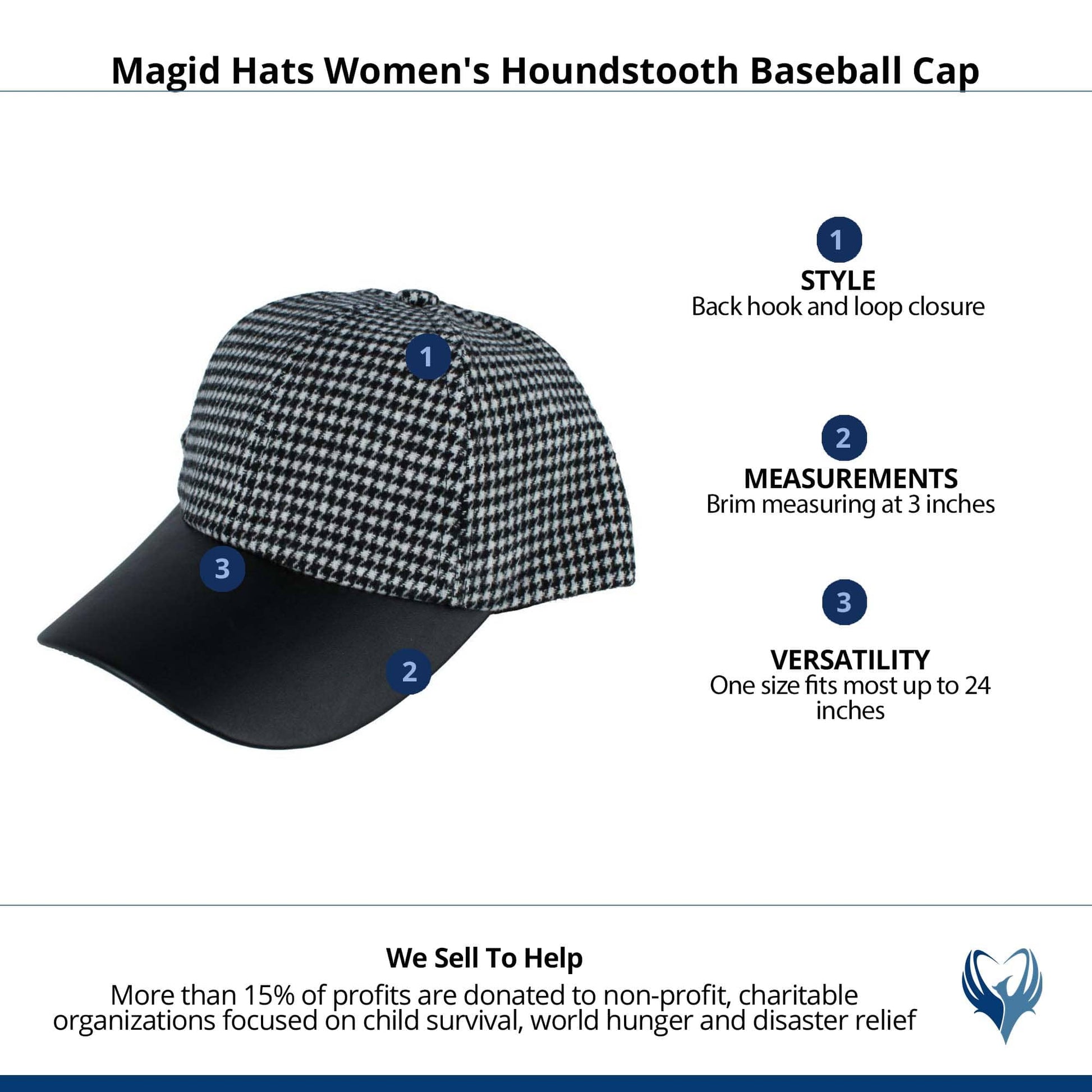 Magid Hats Women's Houndstooth Baseball Cap - Black
