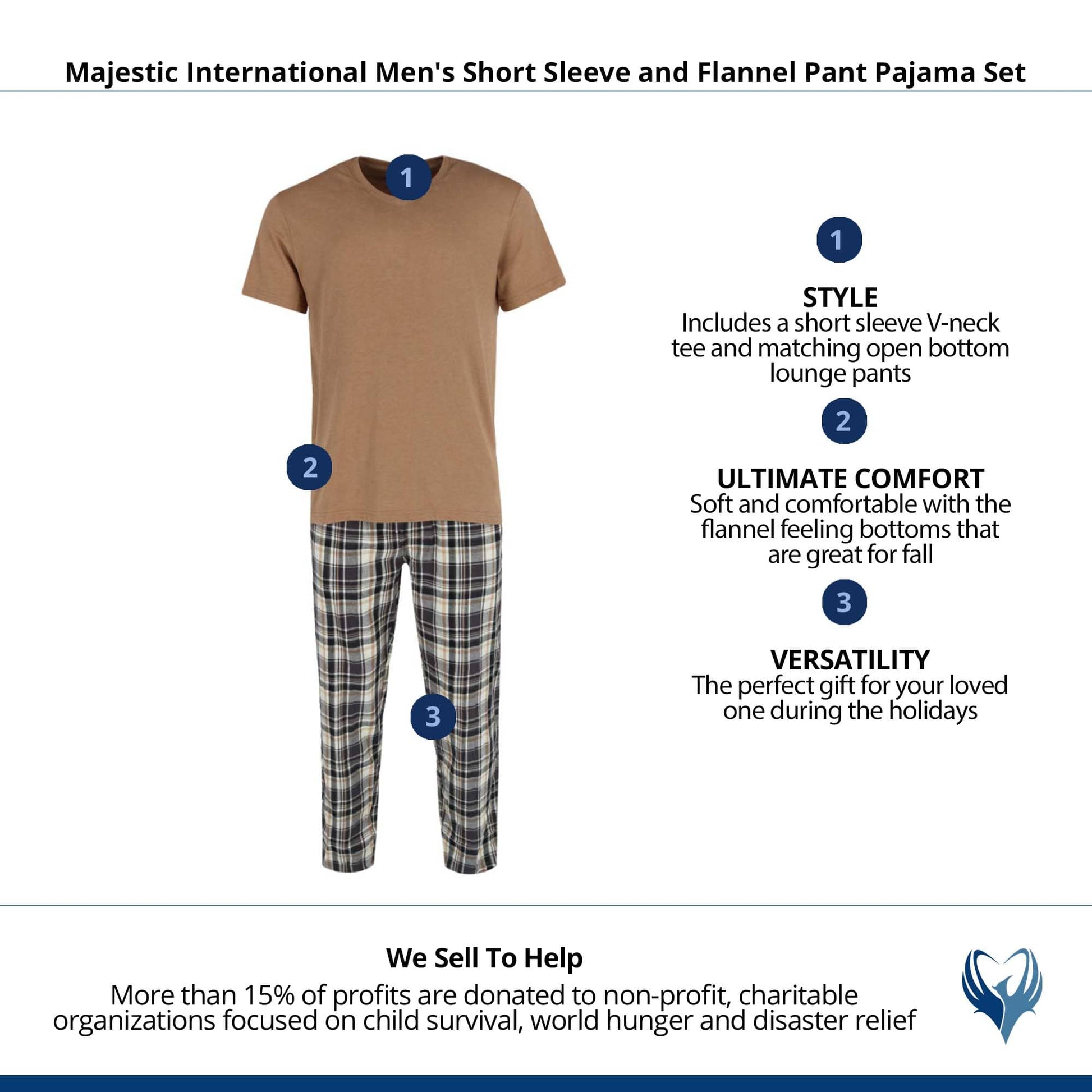 Majestic International Men's Short Sleeve and Flannel Pant Pajama Set - Tobacco