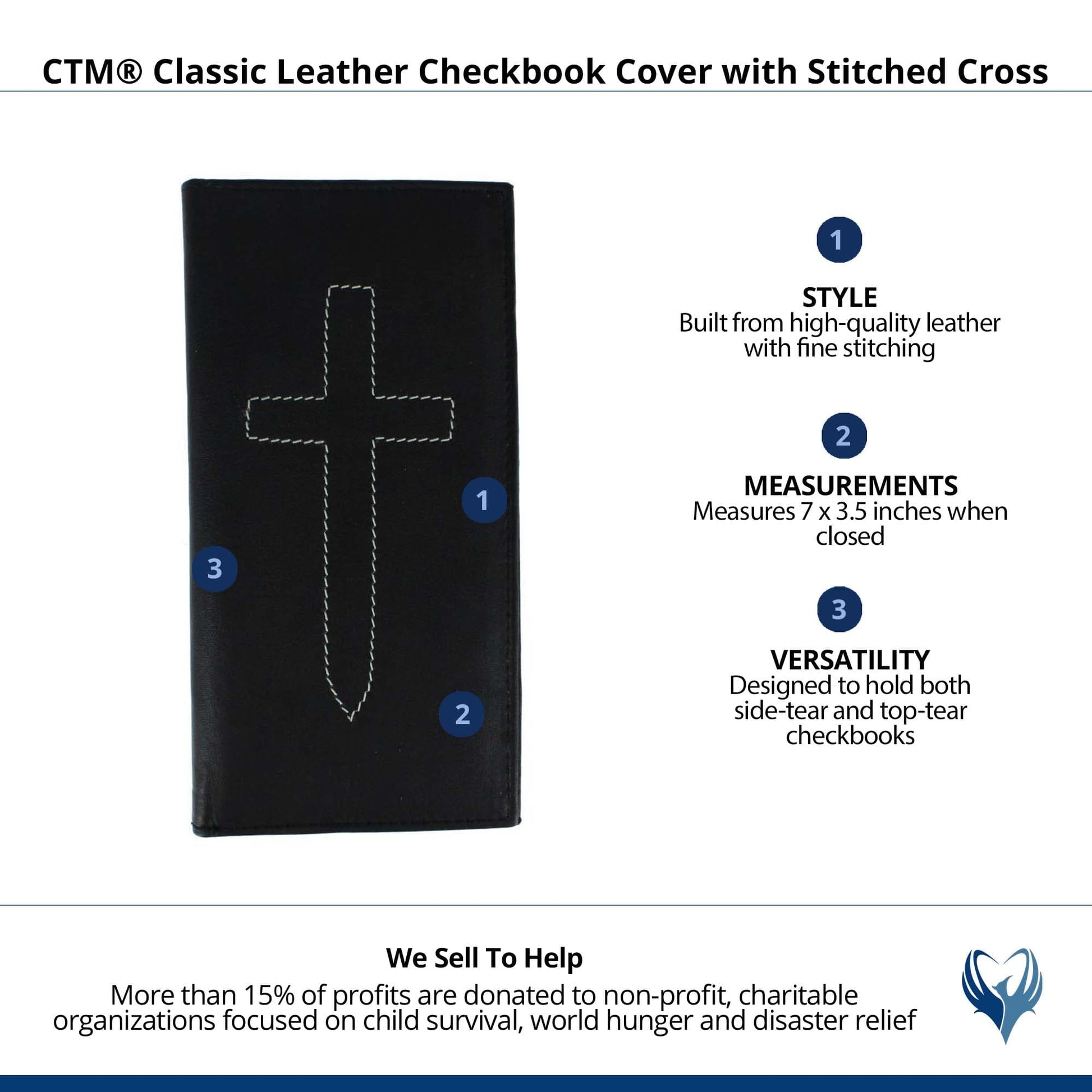 CTM® Classic Leather Checkbook Cover with Stitched Cross - Black