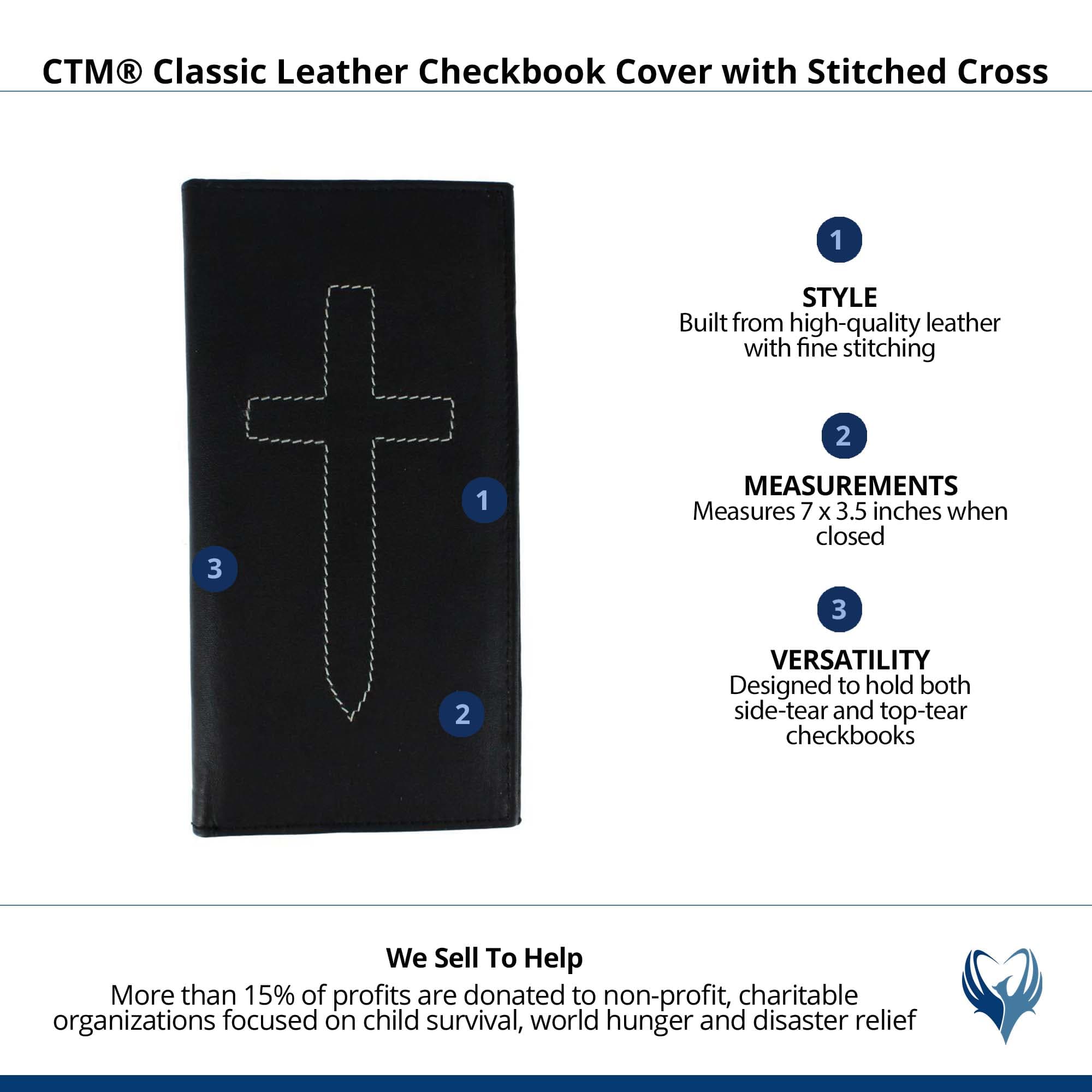 CTM® Classic Leather Checkbook Cover with Stitched Cross - Black